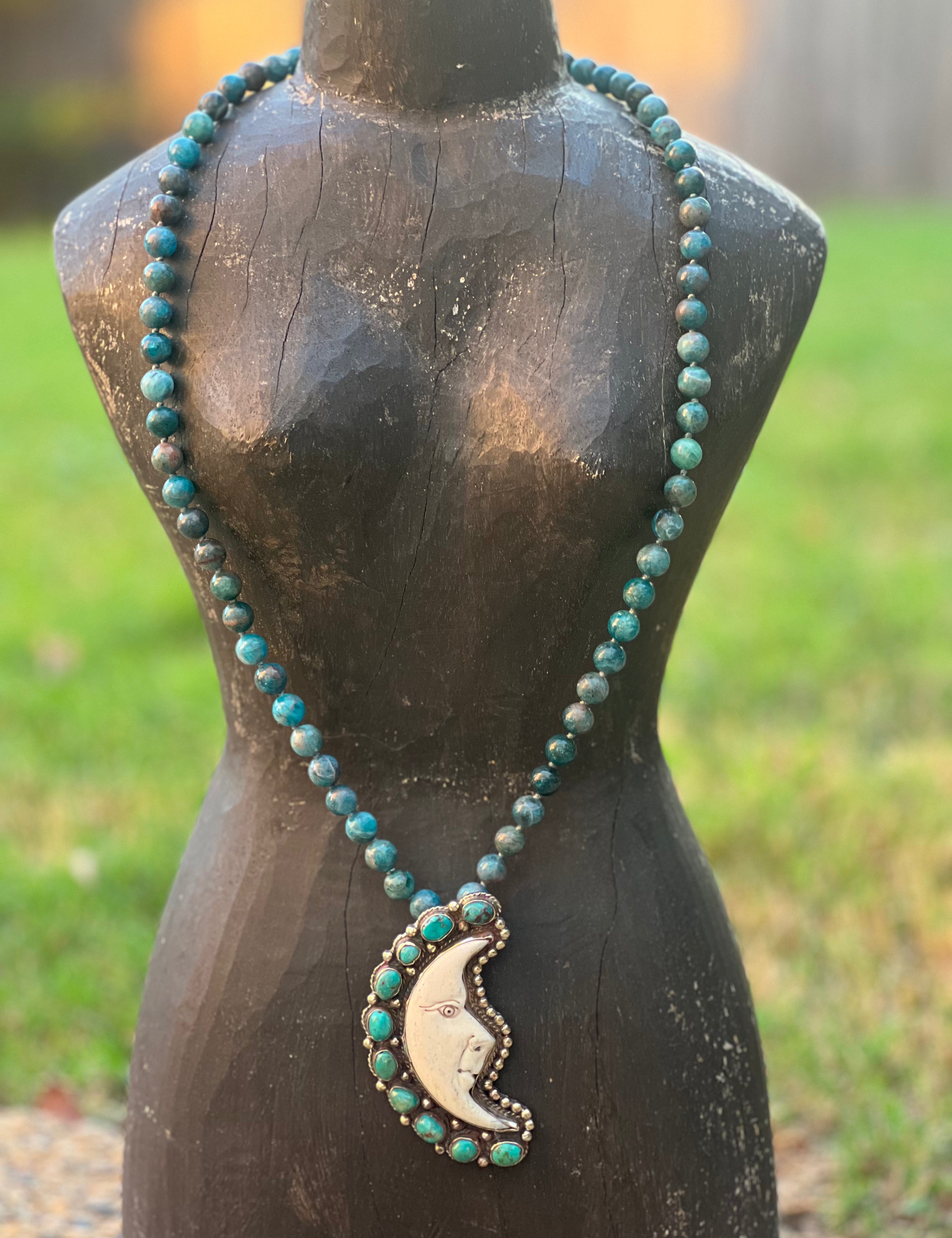 MALIBU HIPPIE Fire Agate Tibetan Silver Chrysocolla Carve Tusk Moon OOAK Necklace on Simply Obsessed