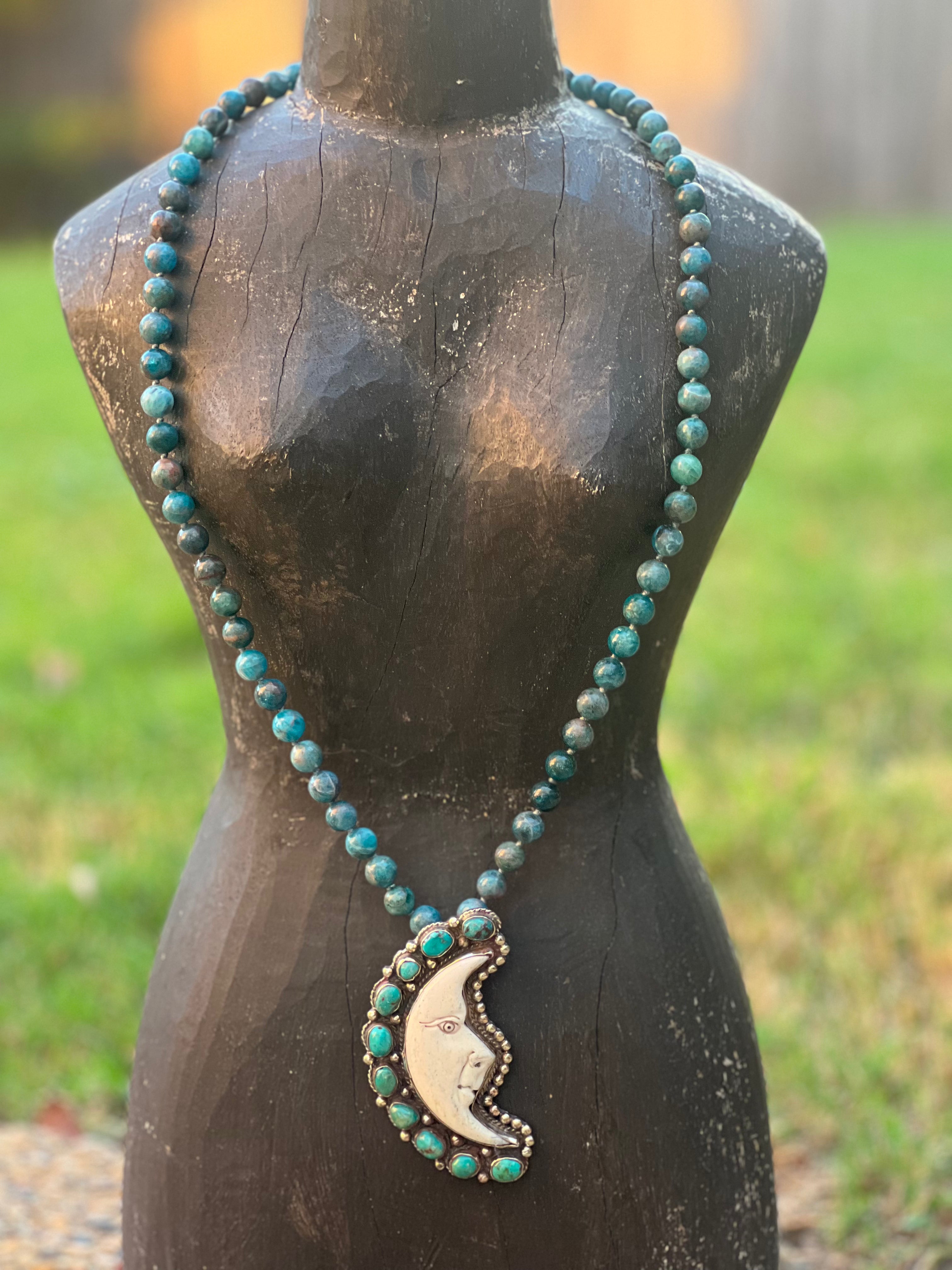 MALIBU HIPPIE Fire Agate Tibetan Silver Chrysocolla Carve Tusk Moon OOAK Necklace on Simply Obsessed