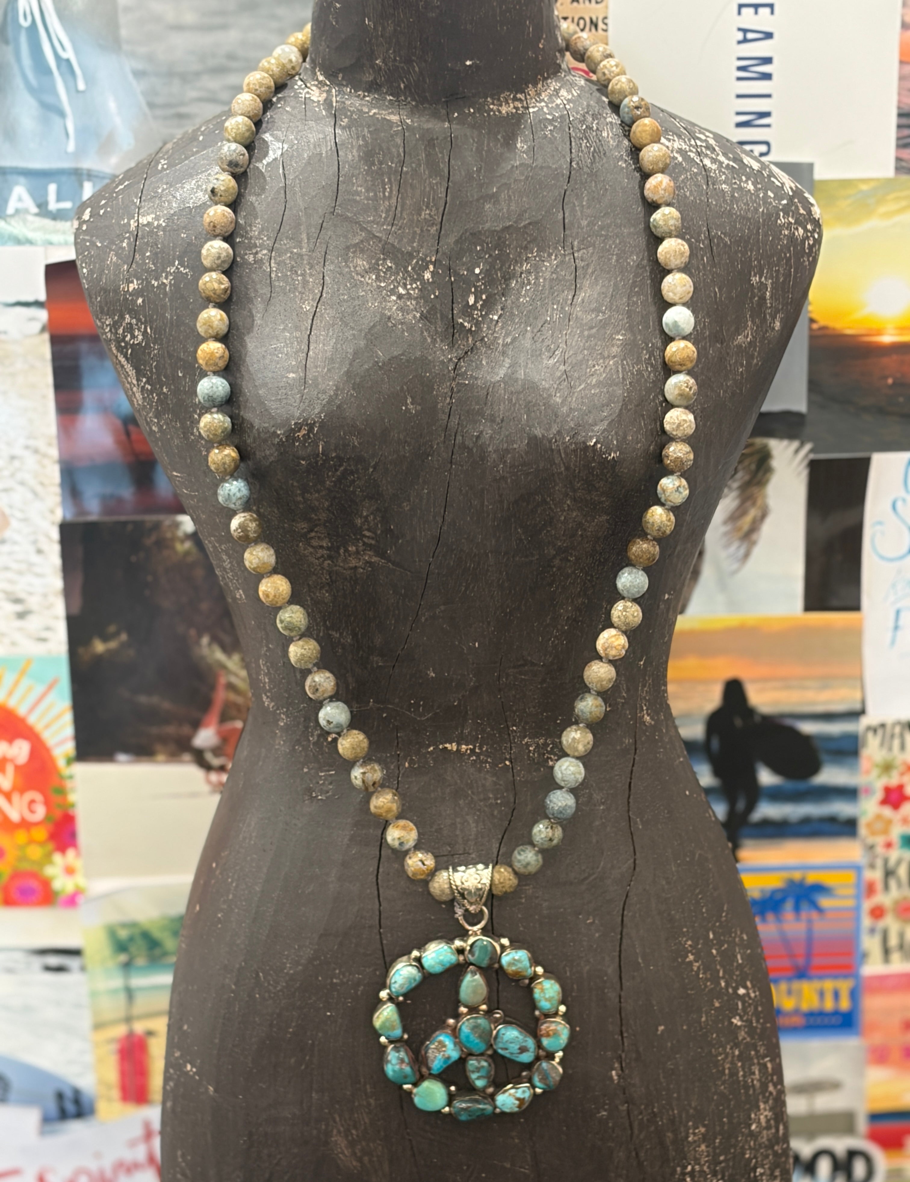 MALIBU HIPPIE Fire Agate Tibetan Silver Royston Turquoise Peace Sign OOAK Necklace on Simply Obsessed