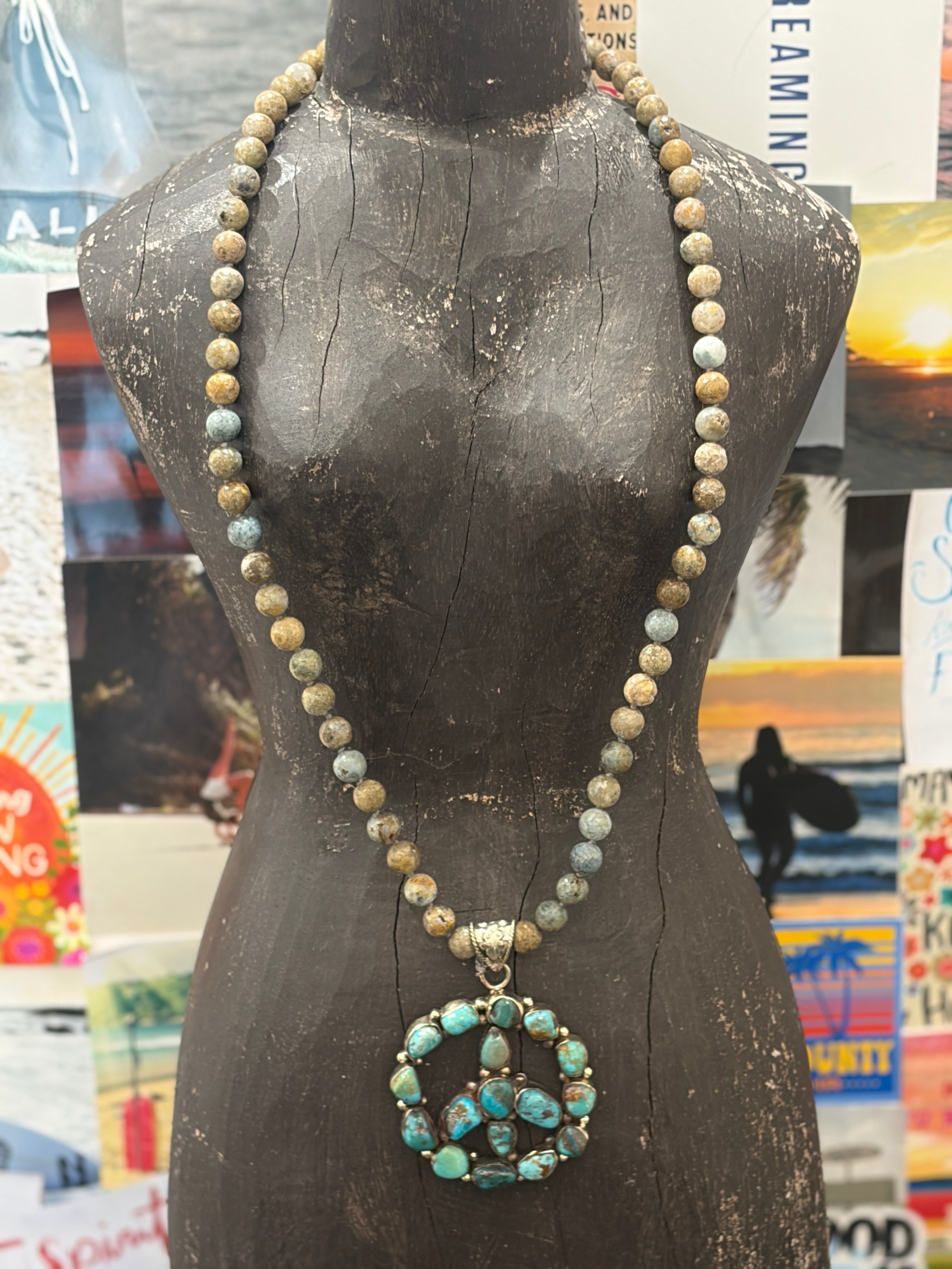 MALIBU HIPPIE Fire Agate Tibetan Silver Royston Turquoise Peace Sign OOAK Necklace on Simply Obsessed