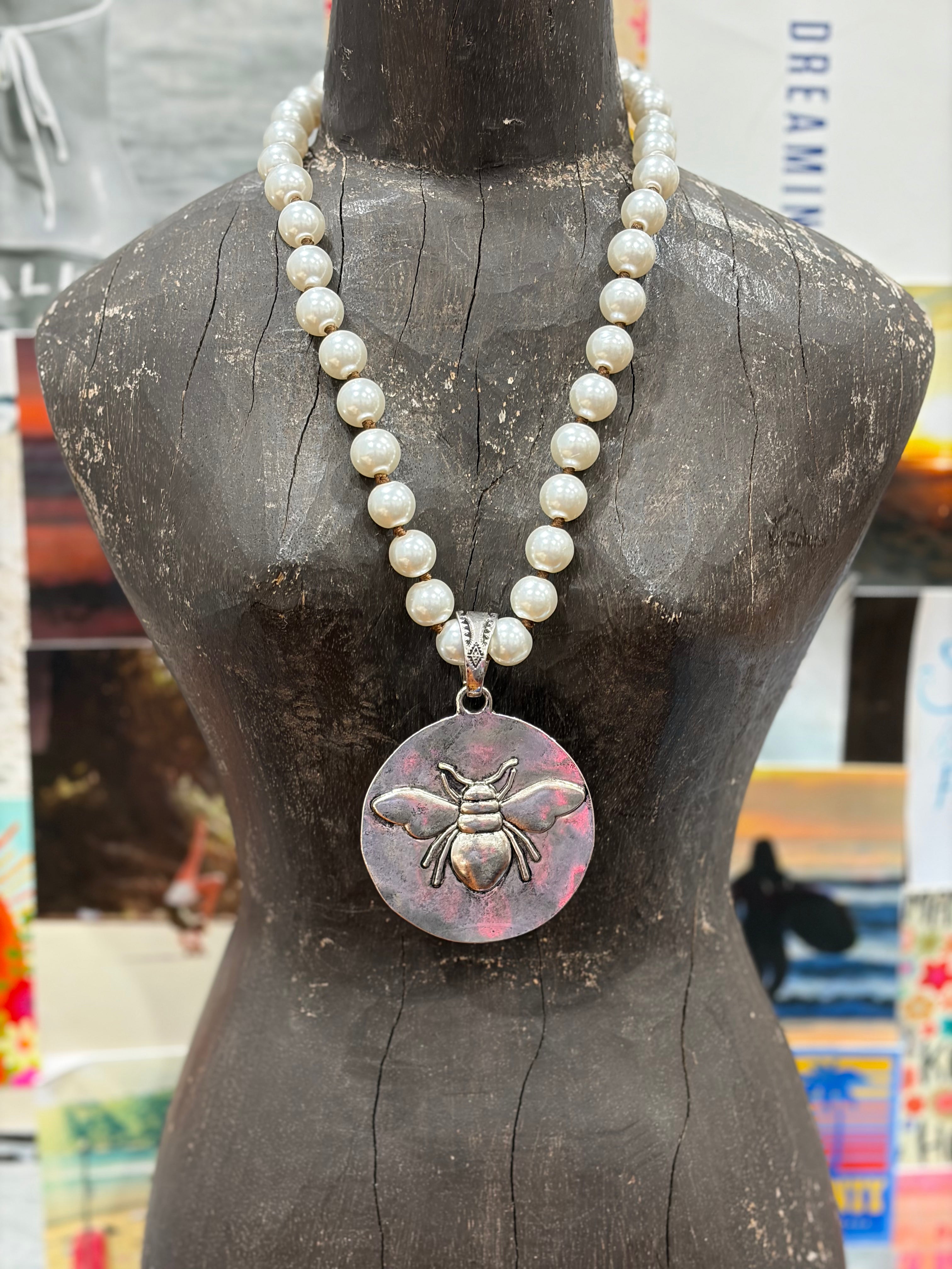 JEWELRY SALE ATG Silver Stamped Bee on Pearl Necklace on Simply Obsessed