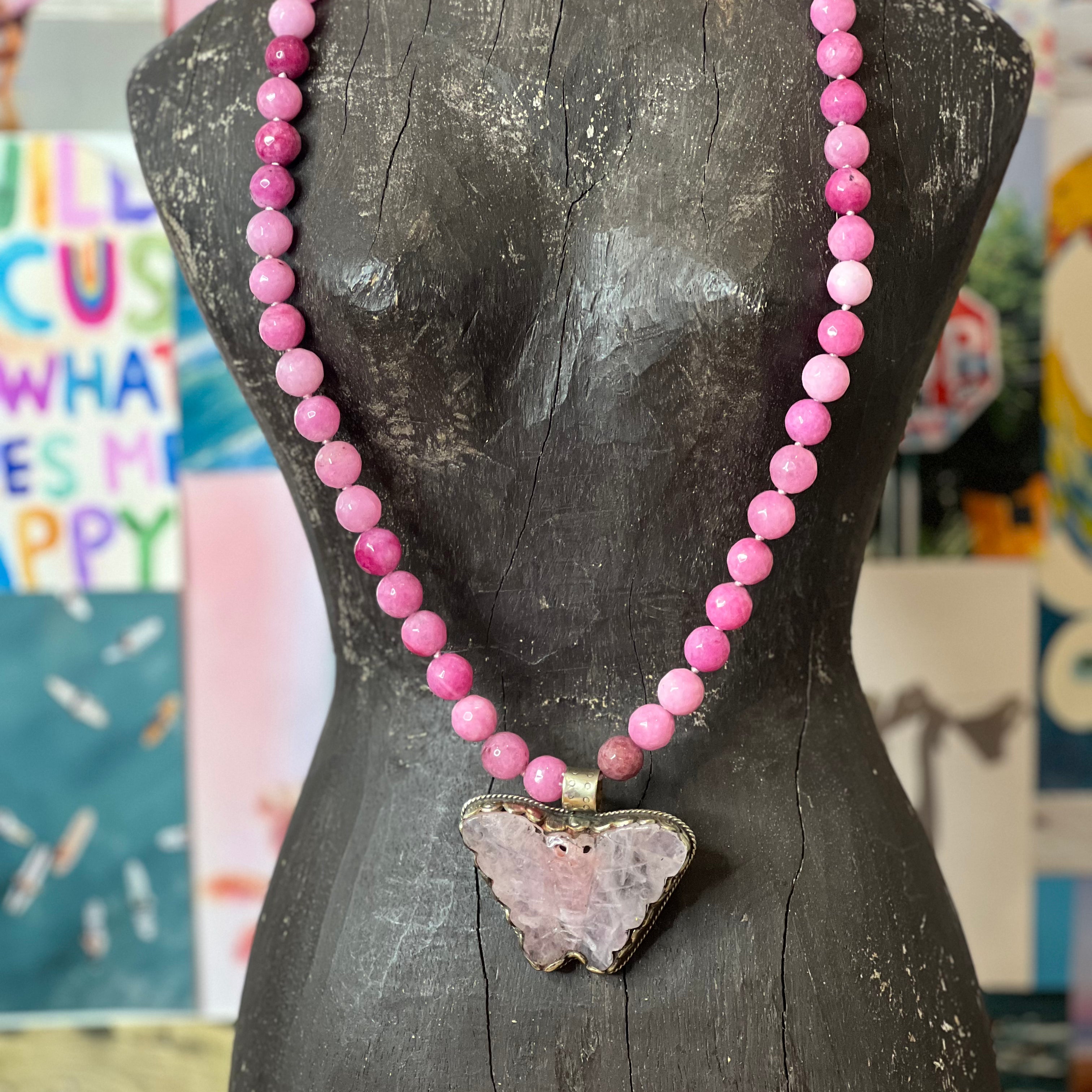 MALIBU HIPPIE Dyed Jade Tibetan Silver Rose Quartz Butterfly OOAK Necklace on Simply Obsessed