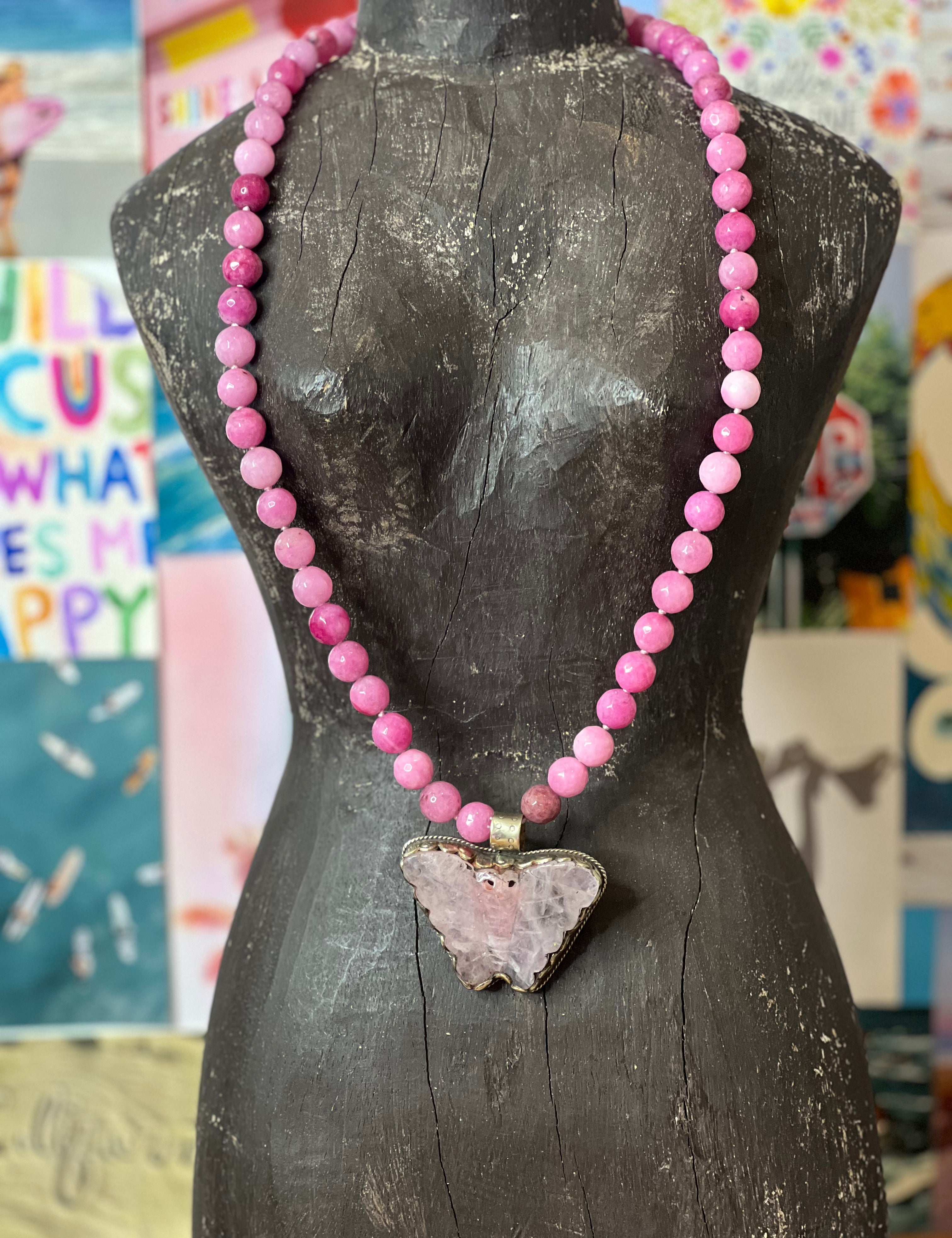 MALIBU HIPPIE Dyed Jade Tibetan Silver Rose Quartz Butterfly OOAK Necklace on Simply Obsessed