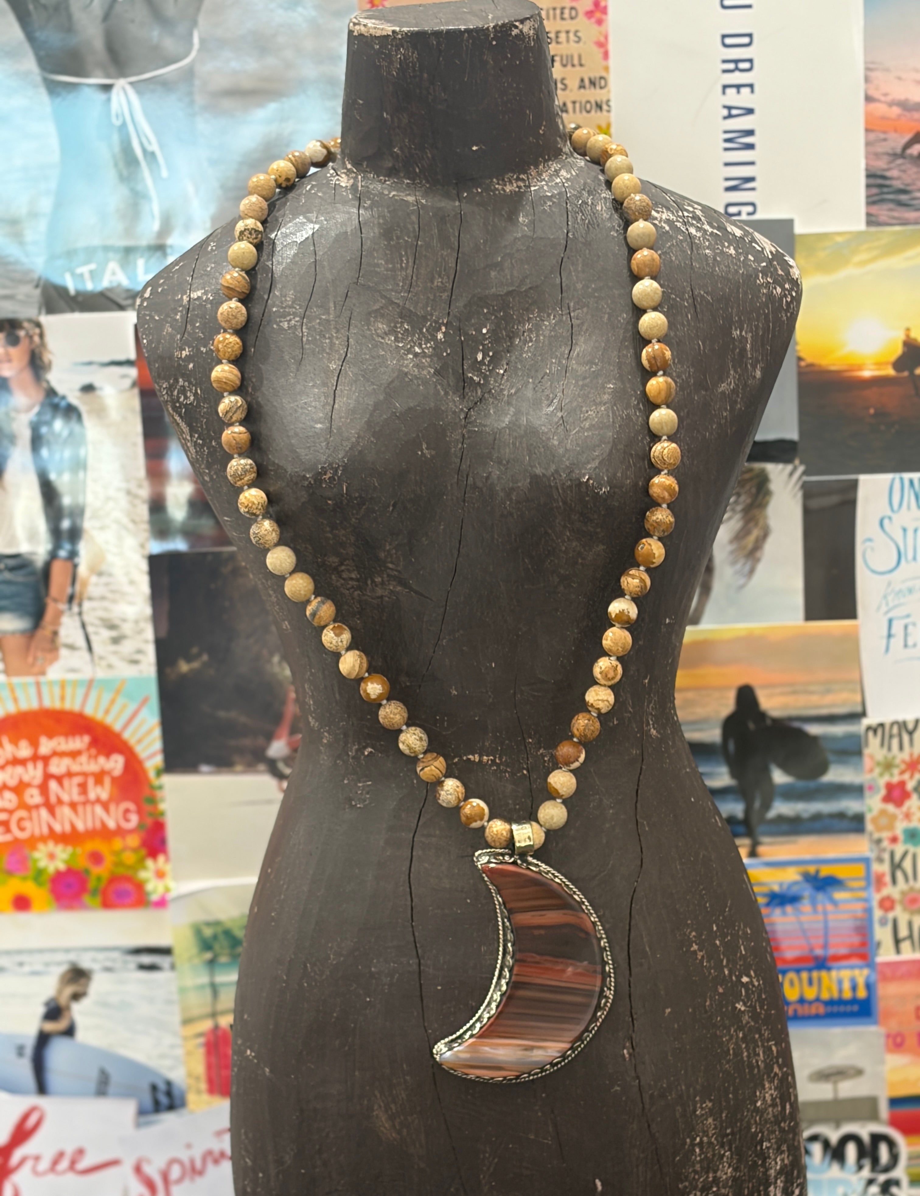 MALIBU HIPPIE Picture Jasper Tibetan Silver Mookaite Jasper Crescent Moon OOAK Necklace on Simply Obsessed