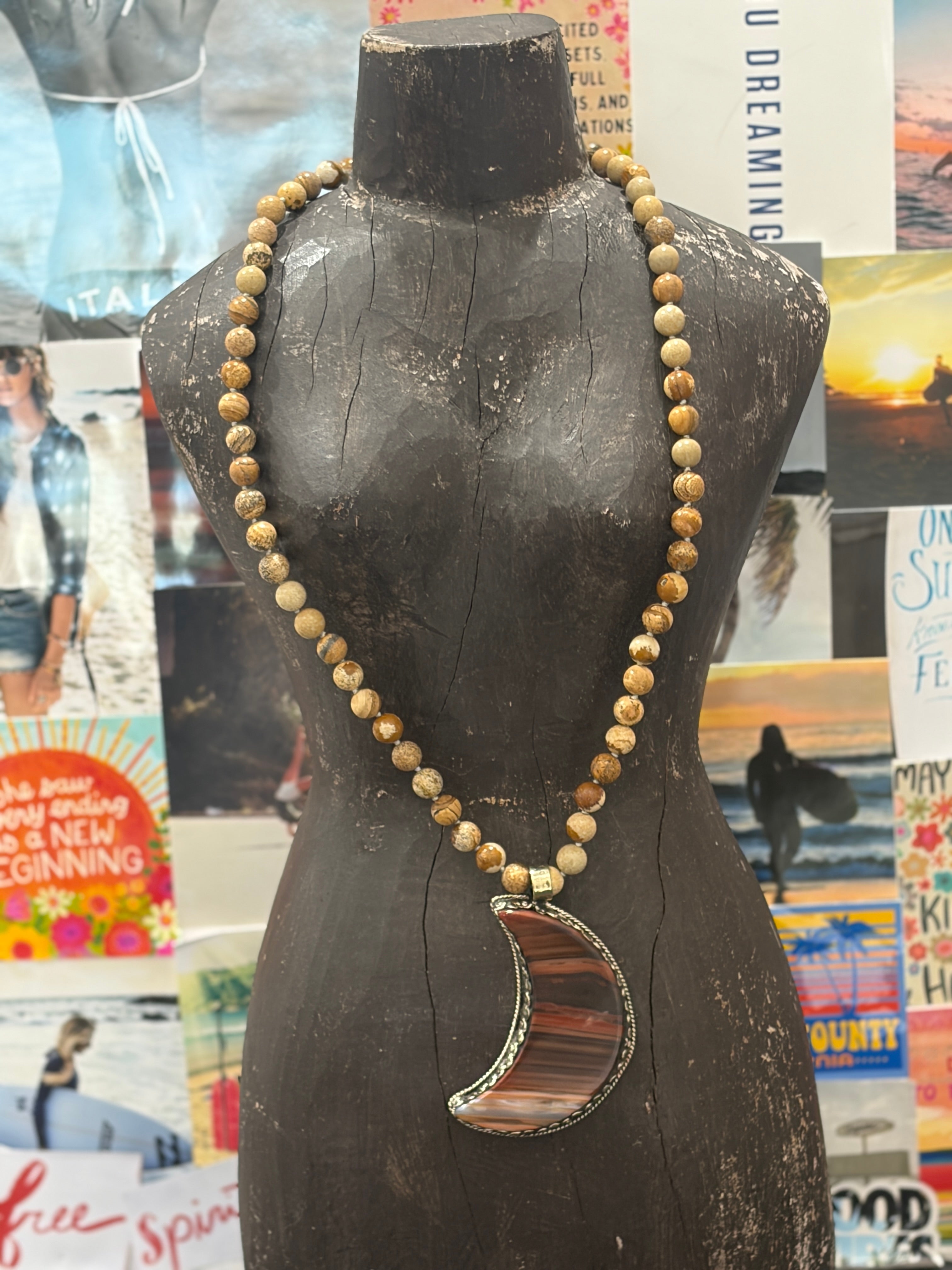 MALIBU HIPPIE Picture Jasper Tibetan Silver Mookaite Jasper Crescent Moon OOAK Necklace on Simply Obsessed