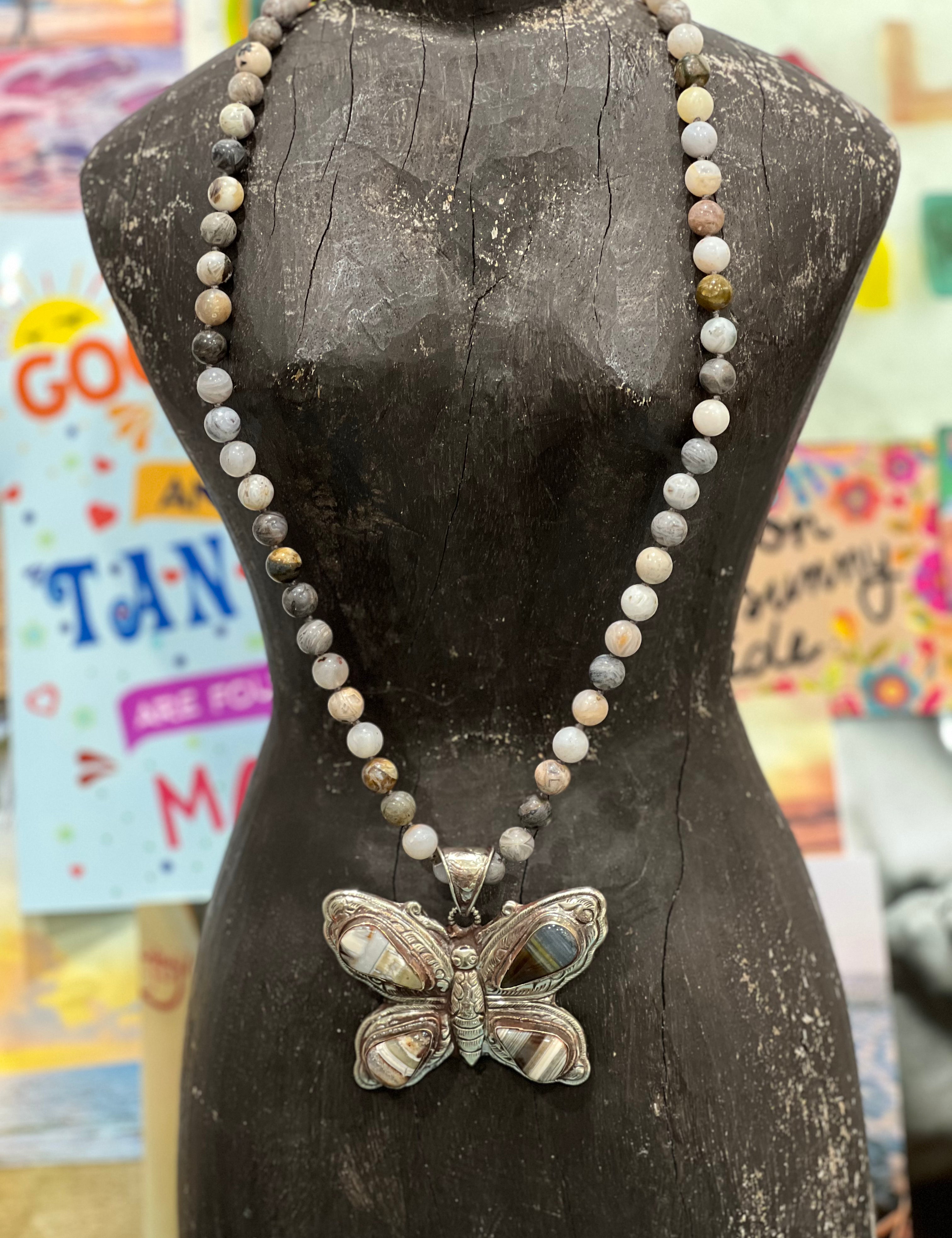 MALIBU HIPPIE Jasper Tibetan Silver Botswana Agate Butterfly OOAK Necklace on Simply Obsessed
