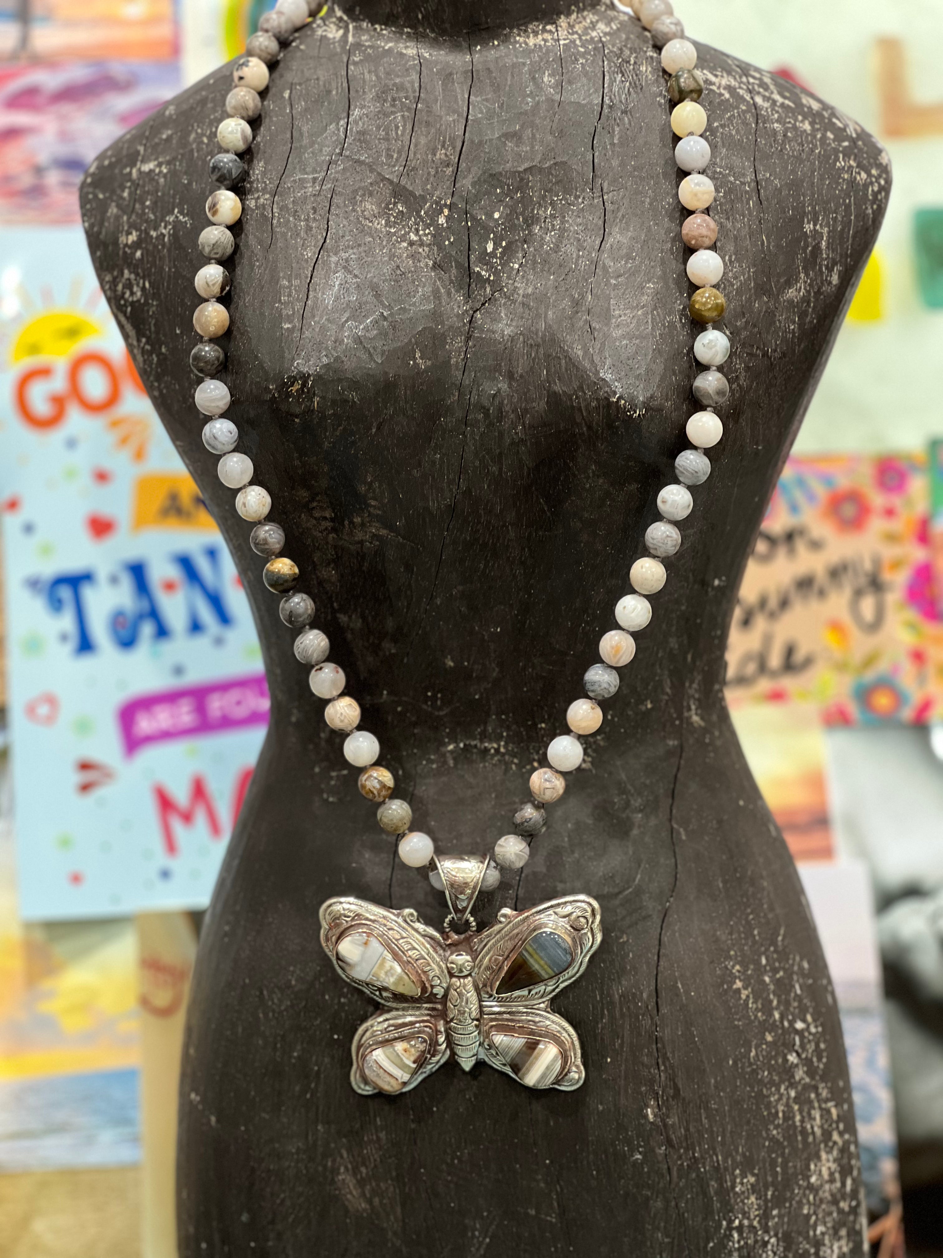 MALIBU HIPPIE Jasper Tibetan Silver Botswana Agate Butterfly OOAK Necklace on Simply Obsessed