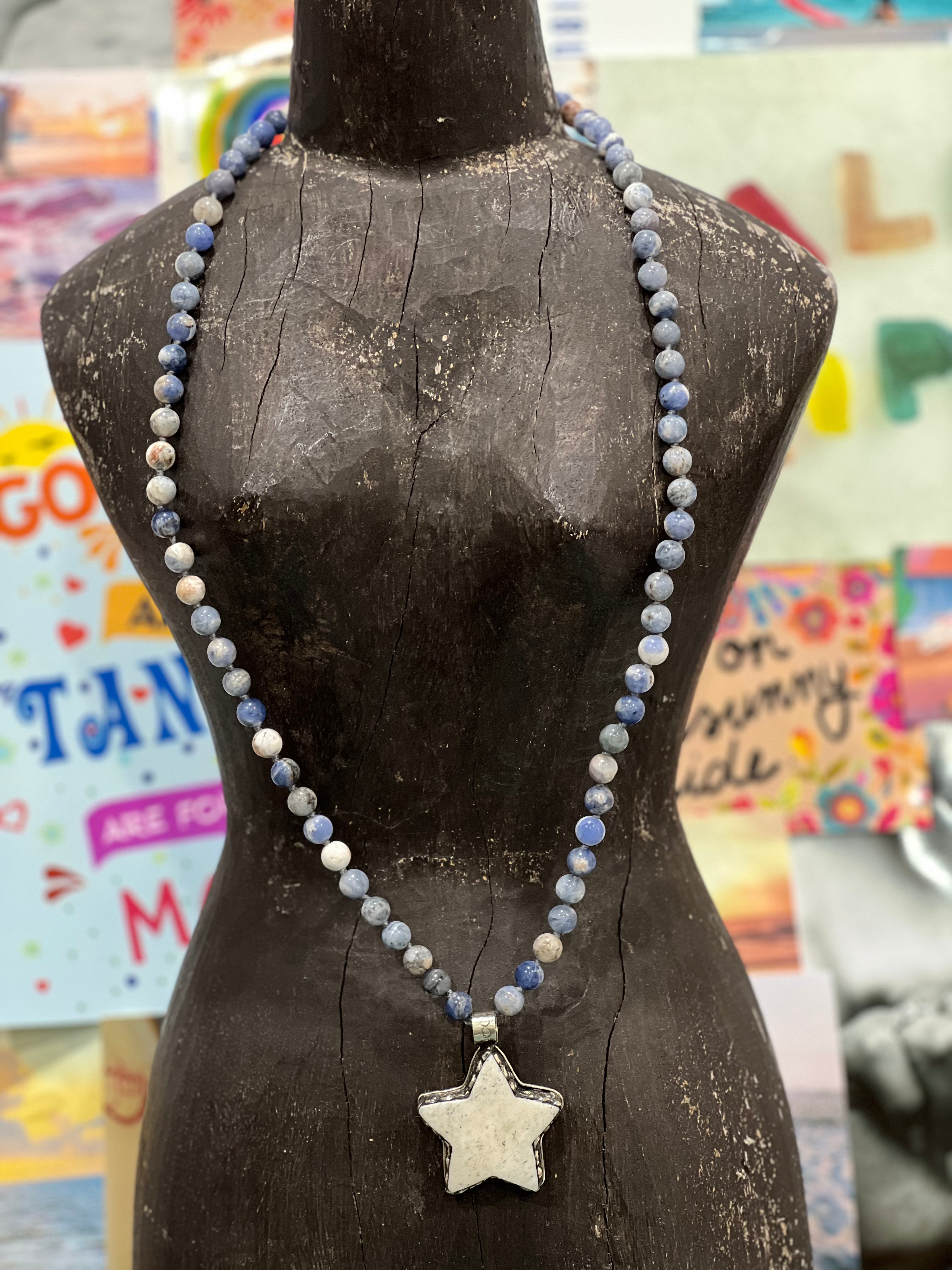 MALIBU HIPPIE Sodalite Tibetan Silver Carved Tusk Star OOAK Necklace on Simply Obsessed