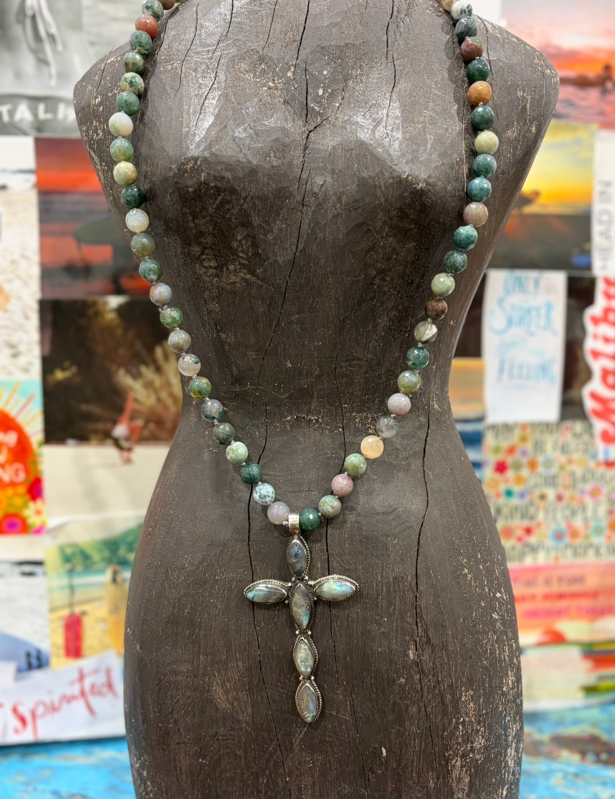 MALIBU HIPPIE Indian Agate Tibetan SIlver Labradorite Cross OOAK Necklace on Simply Obsessed