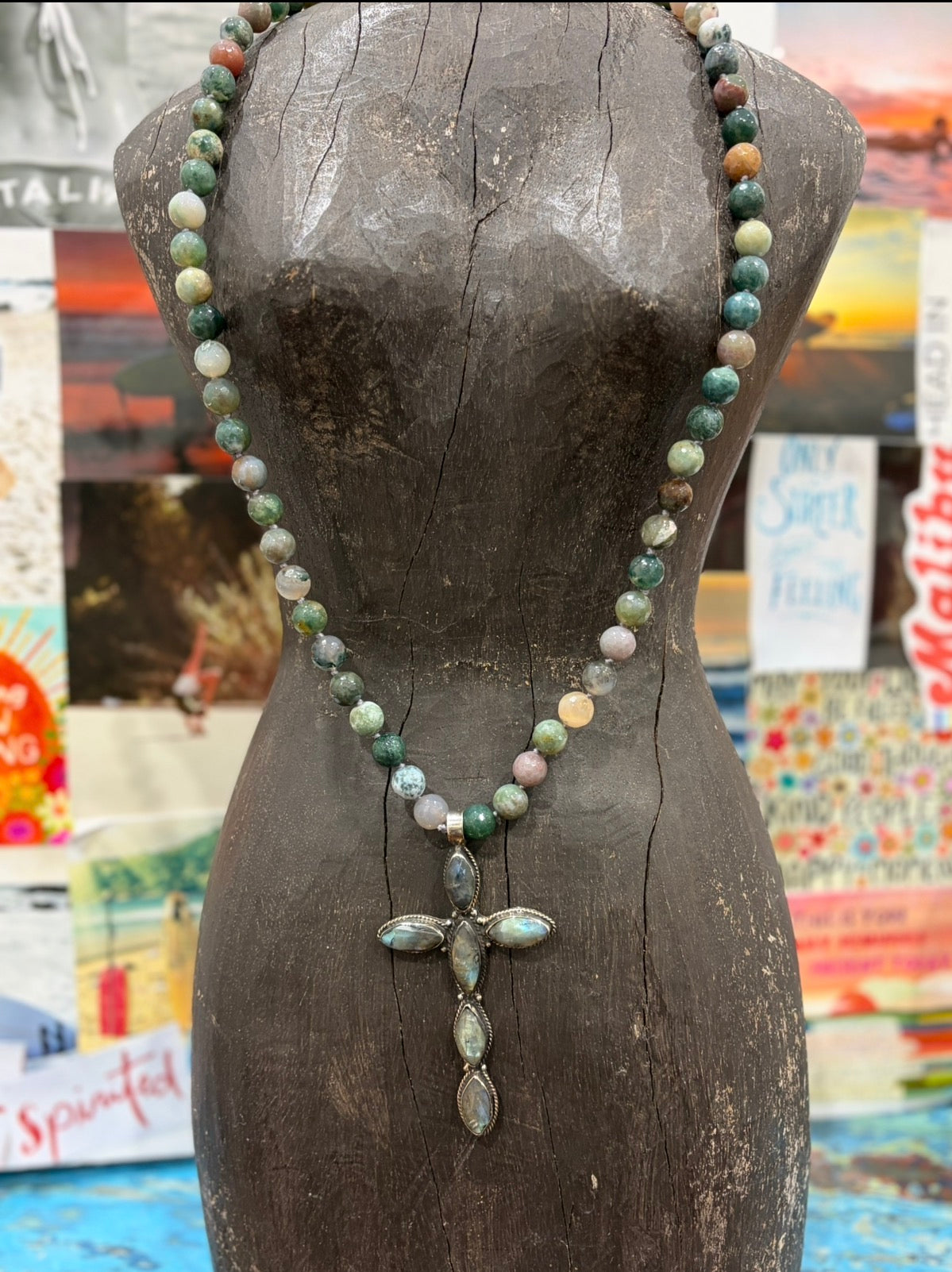 MALIBU HIPPIE Indian Agate Tibetan SIlver Labradorite Cross OOAK Necklace on Simply Obsessed