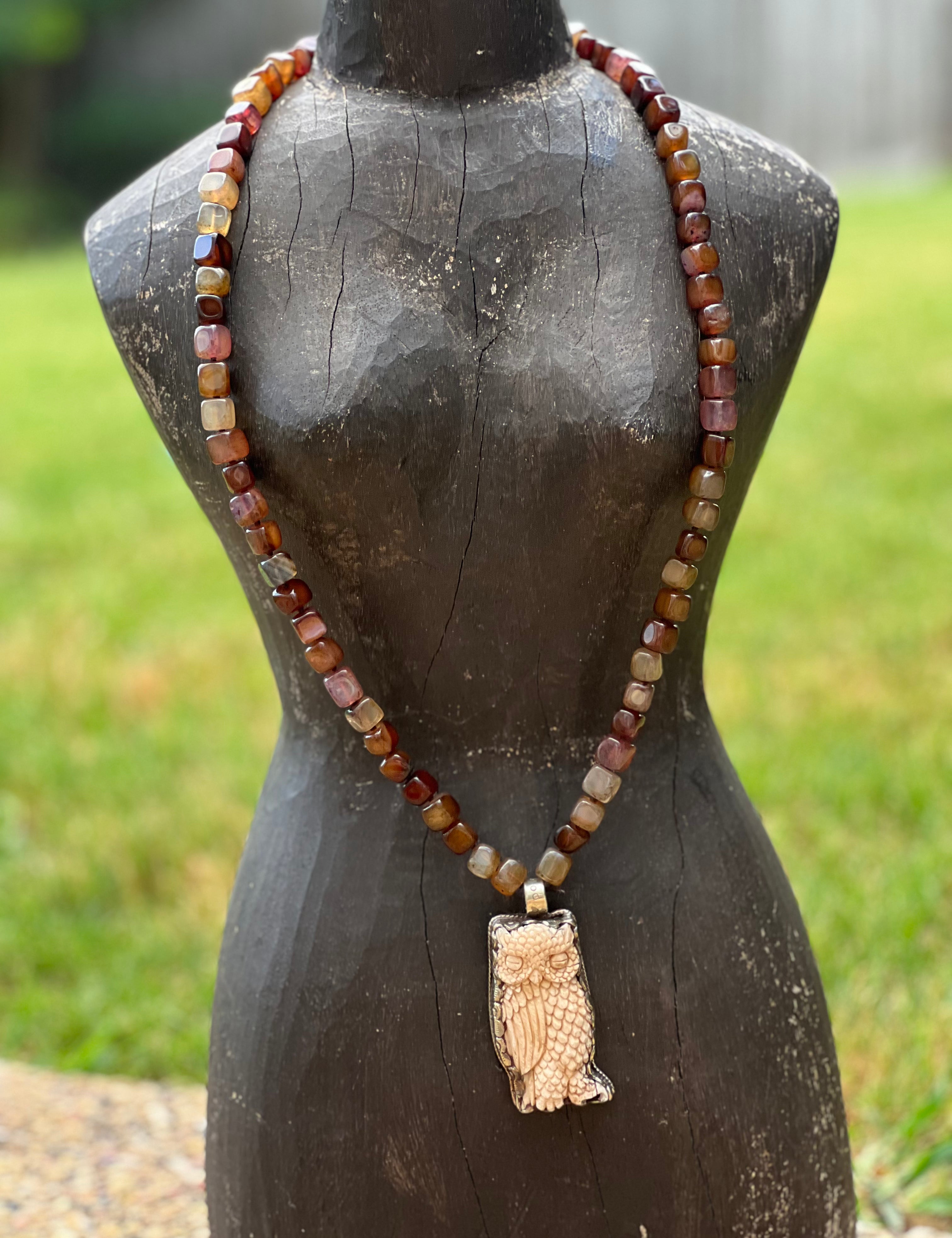 Brown Agate Tibetan Silver Carved Tusk Owl OOAK Necklace on Simply Obsessed