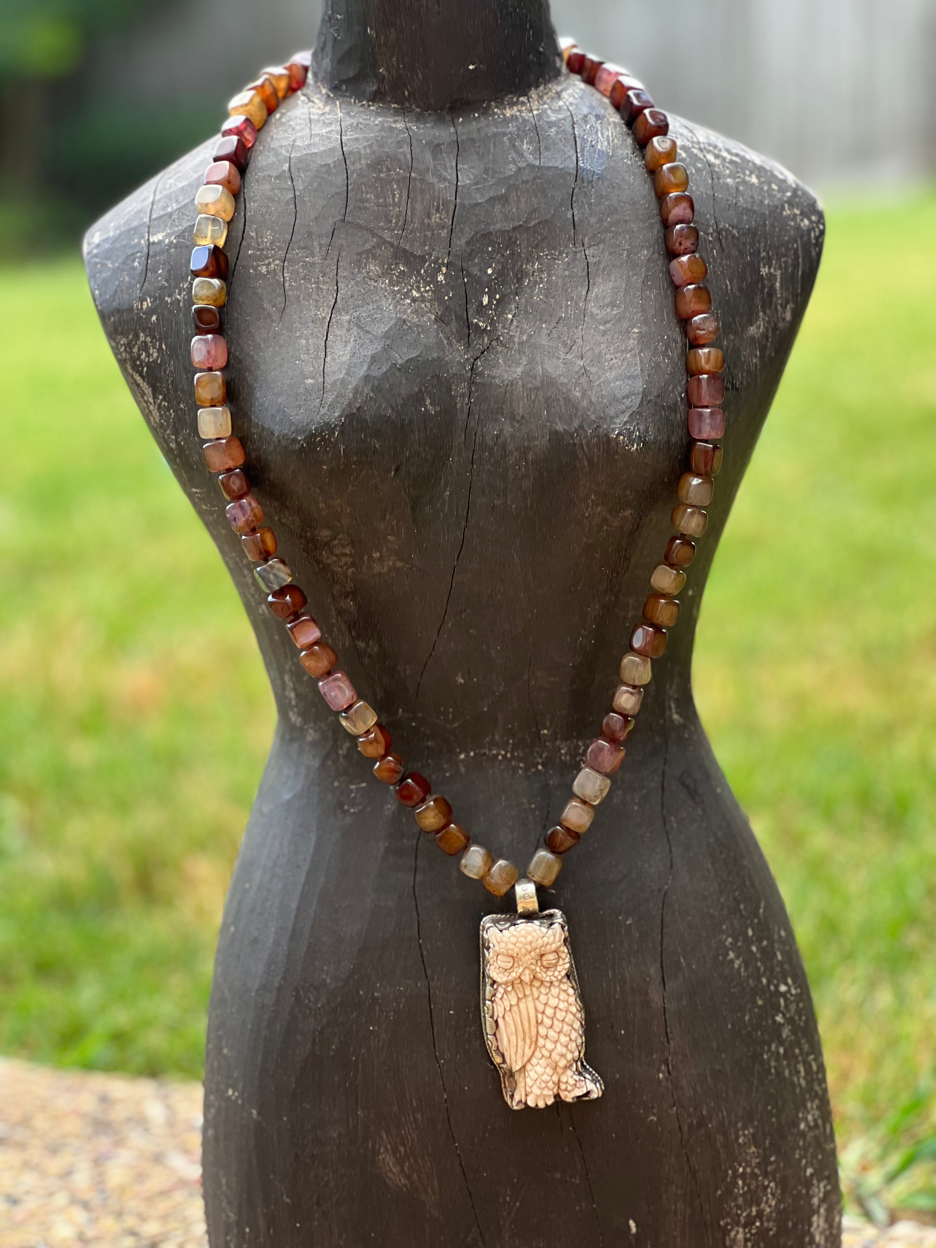 Brown Agate Tibetan Silver Carved Tusk Owl OOAK Necklace on Simply Obsessed