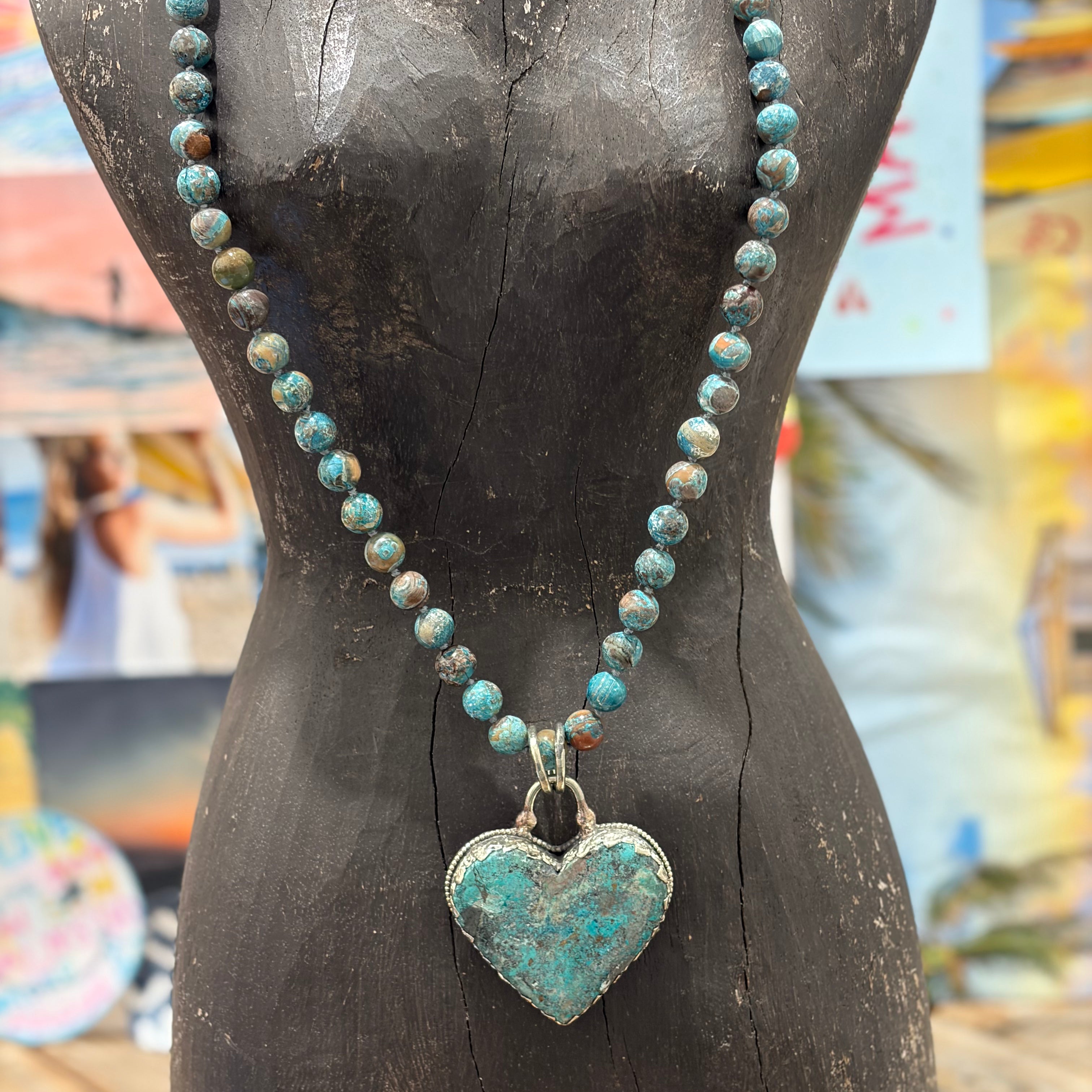 MALIBU HIPPIE Fire Agate Tibetan Silver Chrysocolla Heart OOAK Necklace on Simply Obsessed