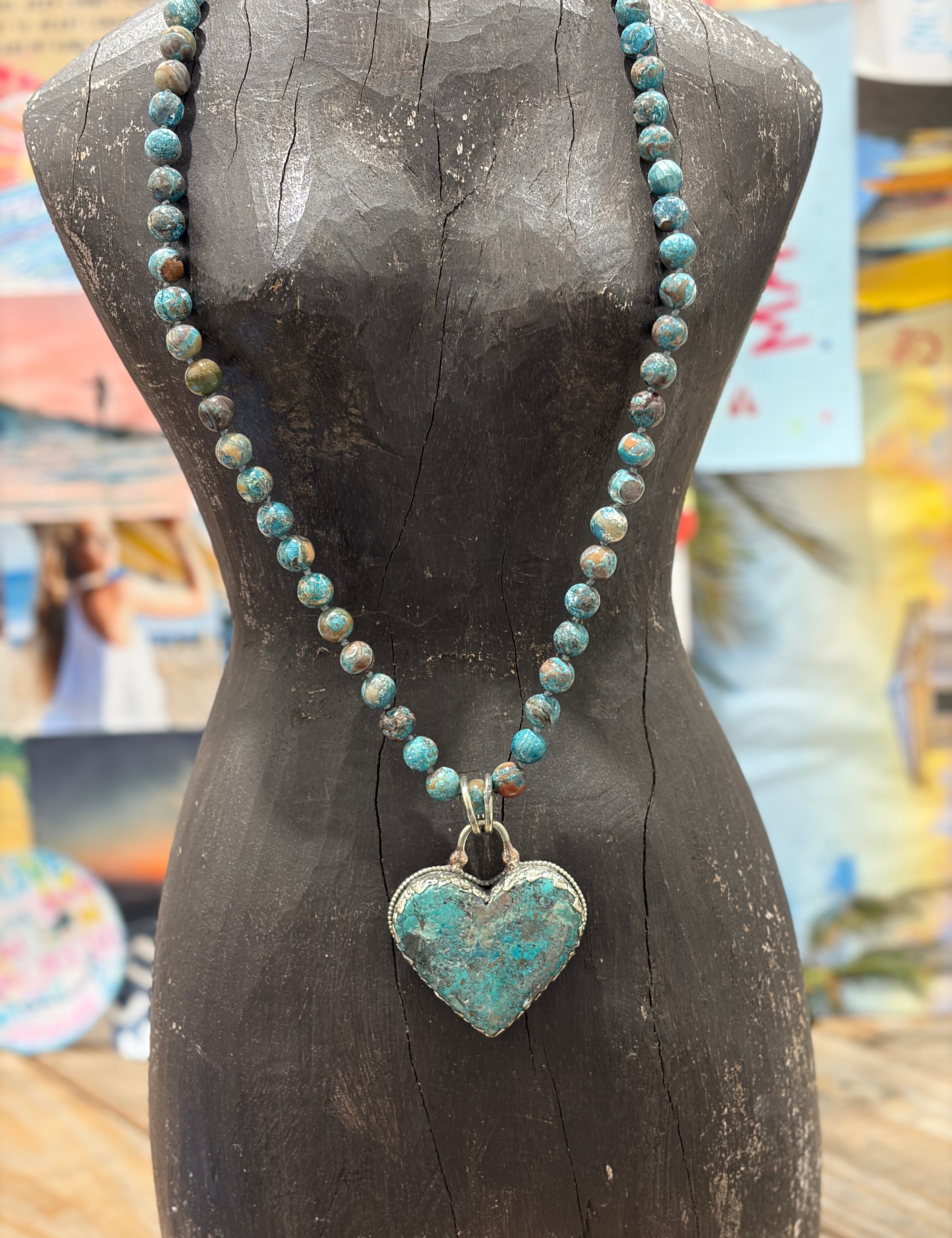 MALIBU HIPPIE Fire Agate Tibetan Silver Chrysocolla Heart OOAK Necklace on Simply Obsessed