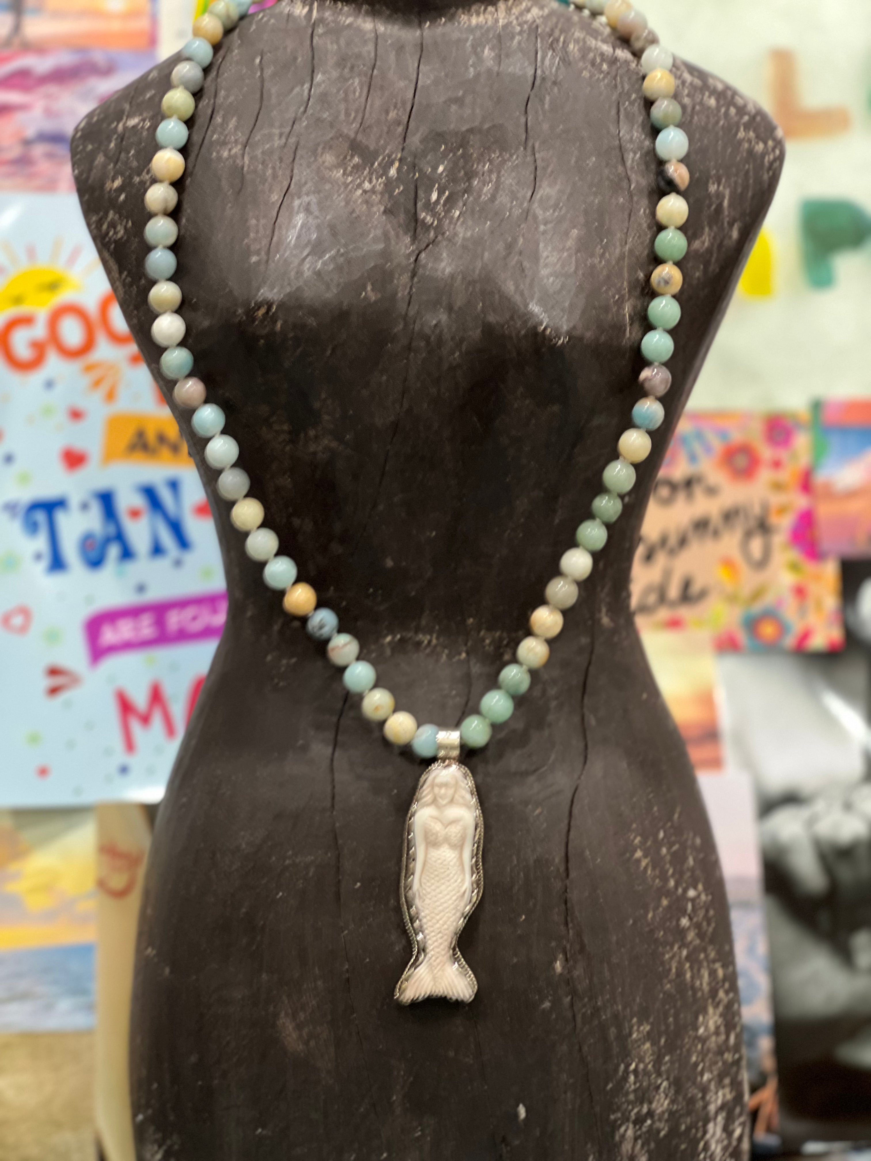 MALIBU HIPPIE Amazonite Tibetan Silver Carved Tusk Mermaid OOAK Necklace on Simply Obsessed