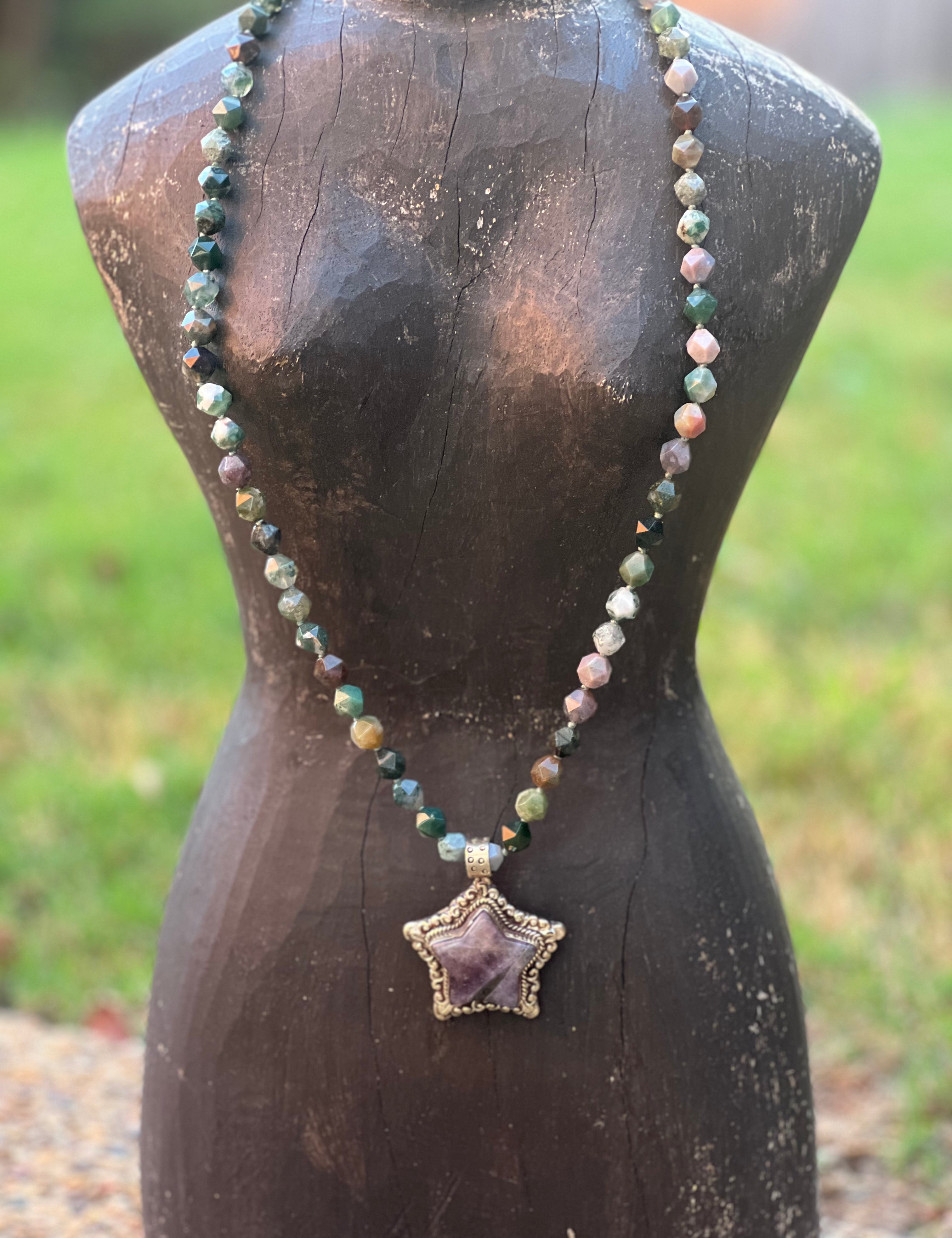 MALIBU HIPPIE Indian Agate Fluorite Star Tibetan Silver OOAK Necklace on Simply Obsessed