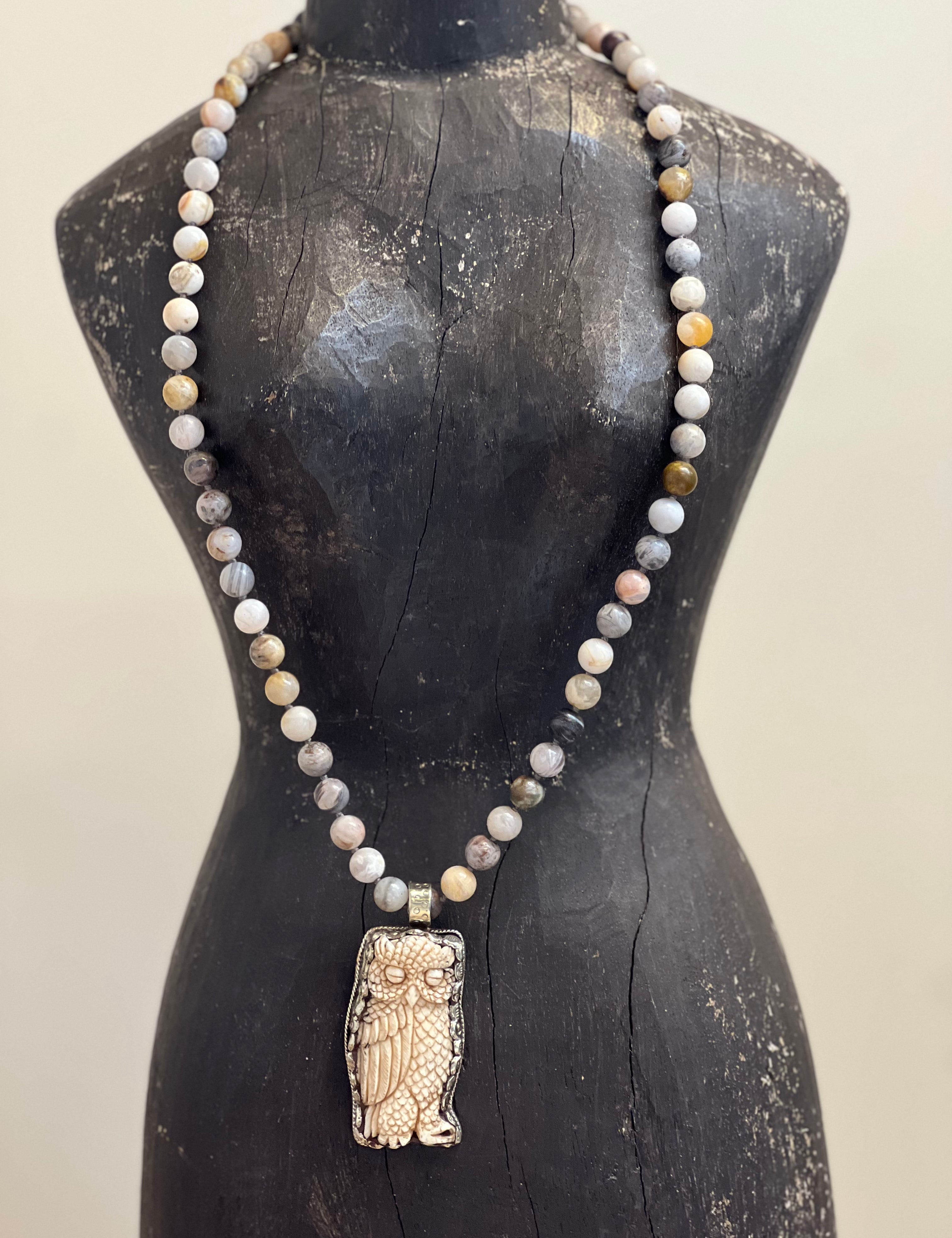 MALIBU HIPPIE Jasper Tibetan Silver Carved Tusk Owl OOAK Necklace on Simply Obsessed