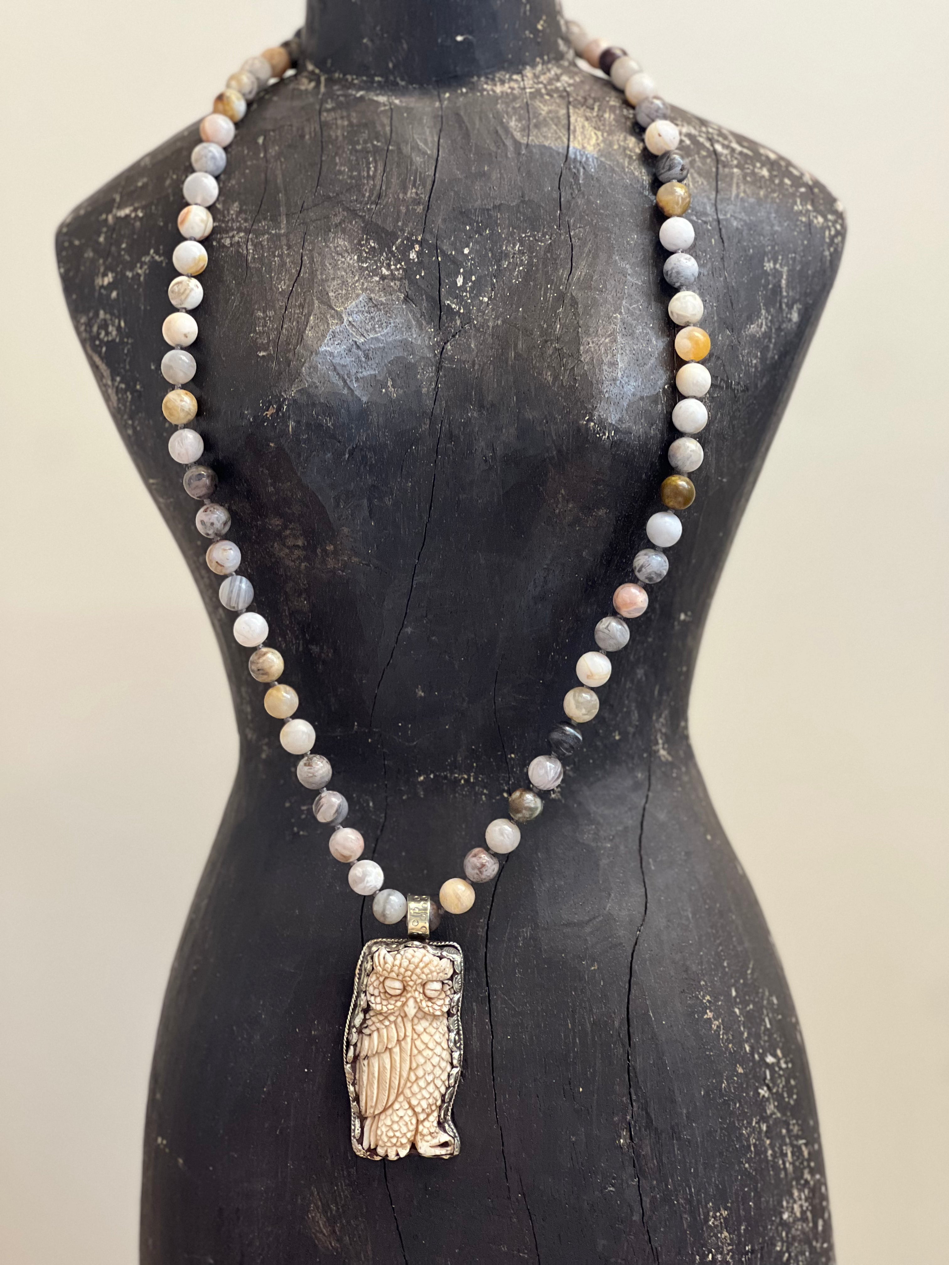 MALIBU HIPPIE Jasper Tibetan Silver Carved Tusk Owl OOAK Necklace on Simply Obsessed