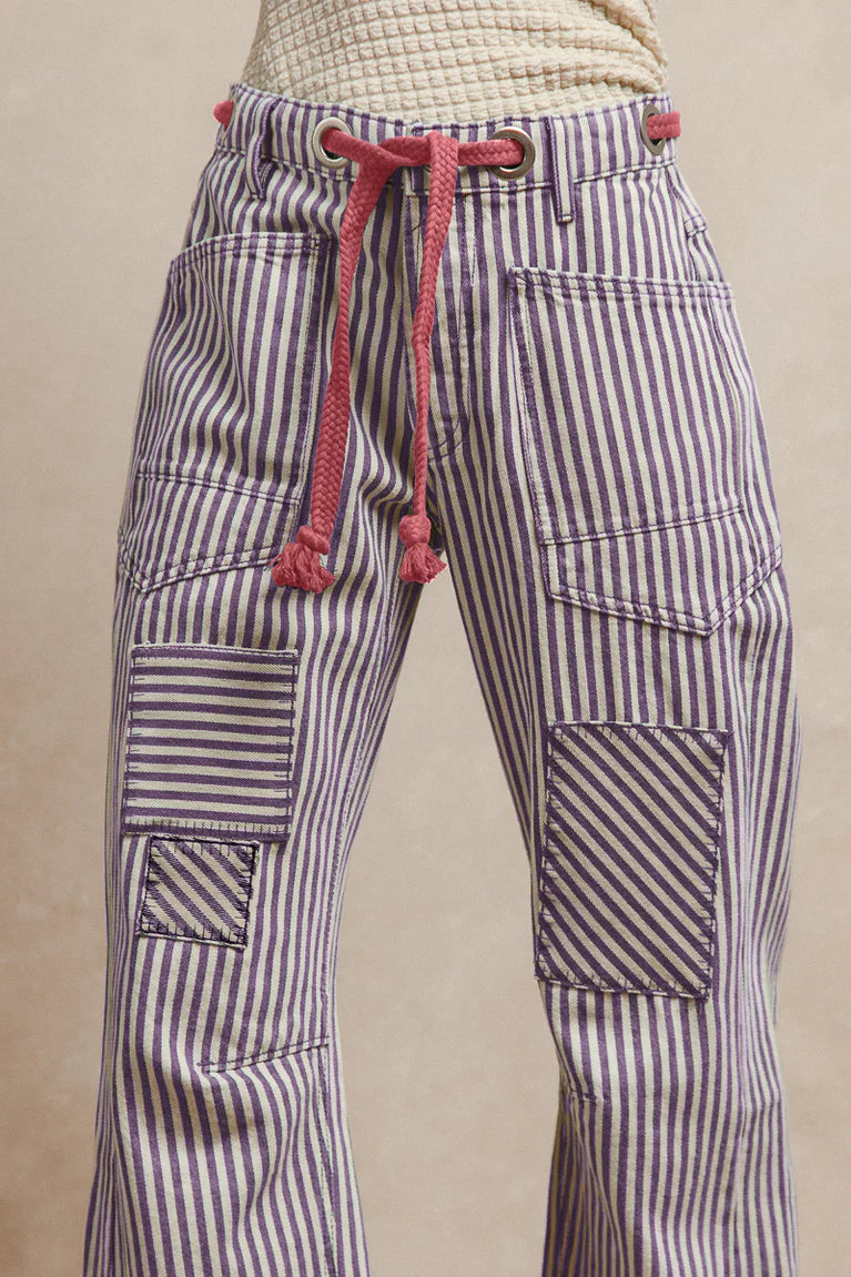 BIBI Drawstring Striped Twill Barrel Pants
