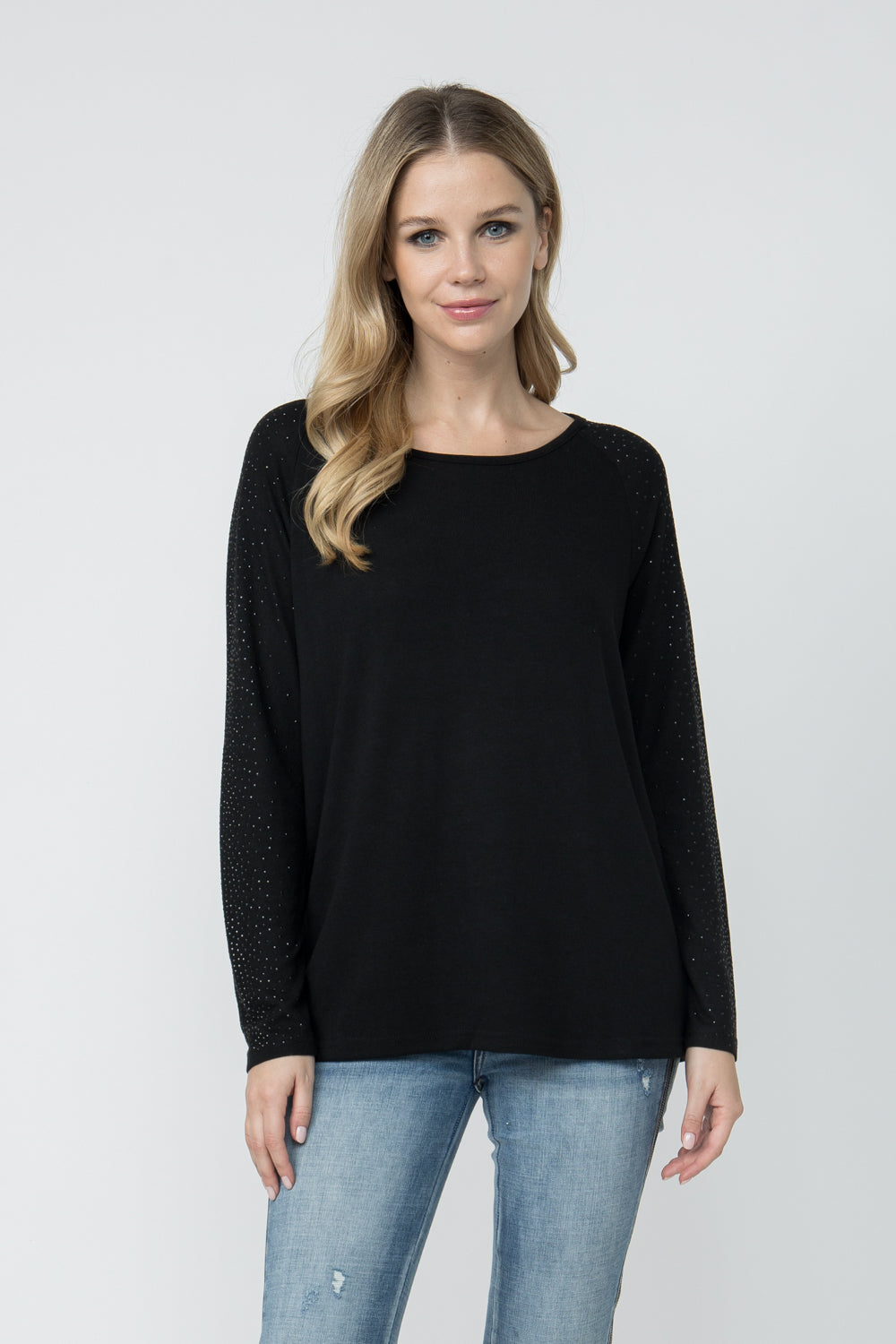 VOCAL Wide Round Neck Long Sleeve Top w/ All Over Rhinestones by Vocal on Simply Obsessed