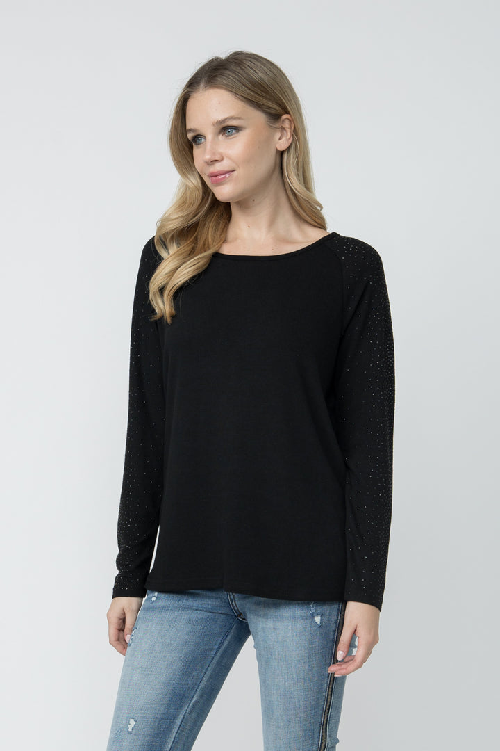 VOCAL Wide Round Neck Long Sleeve Top w/ All Over Rhinestones by Vocal on Simply Obsessed