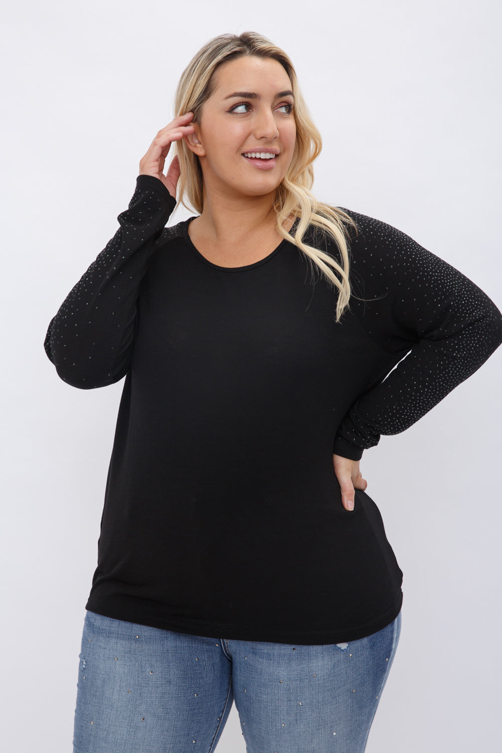 VOCAL Wide Round Neck Long Sleeve Top w/ All Over Rhinestones by Vocal on Simply Obsessed