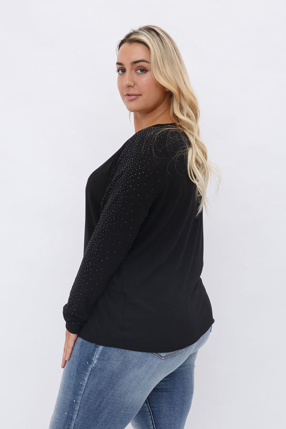 VOCAL Wide Round Neck Long Sleeve Top w/ All Over Rhinestones by Vocal on Simply Obsessed