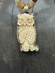 MALIBU HIPPIE Brown Agate Tibetan Silver Carved Tusk Owl OOAK Necklace