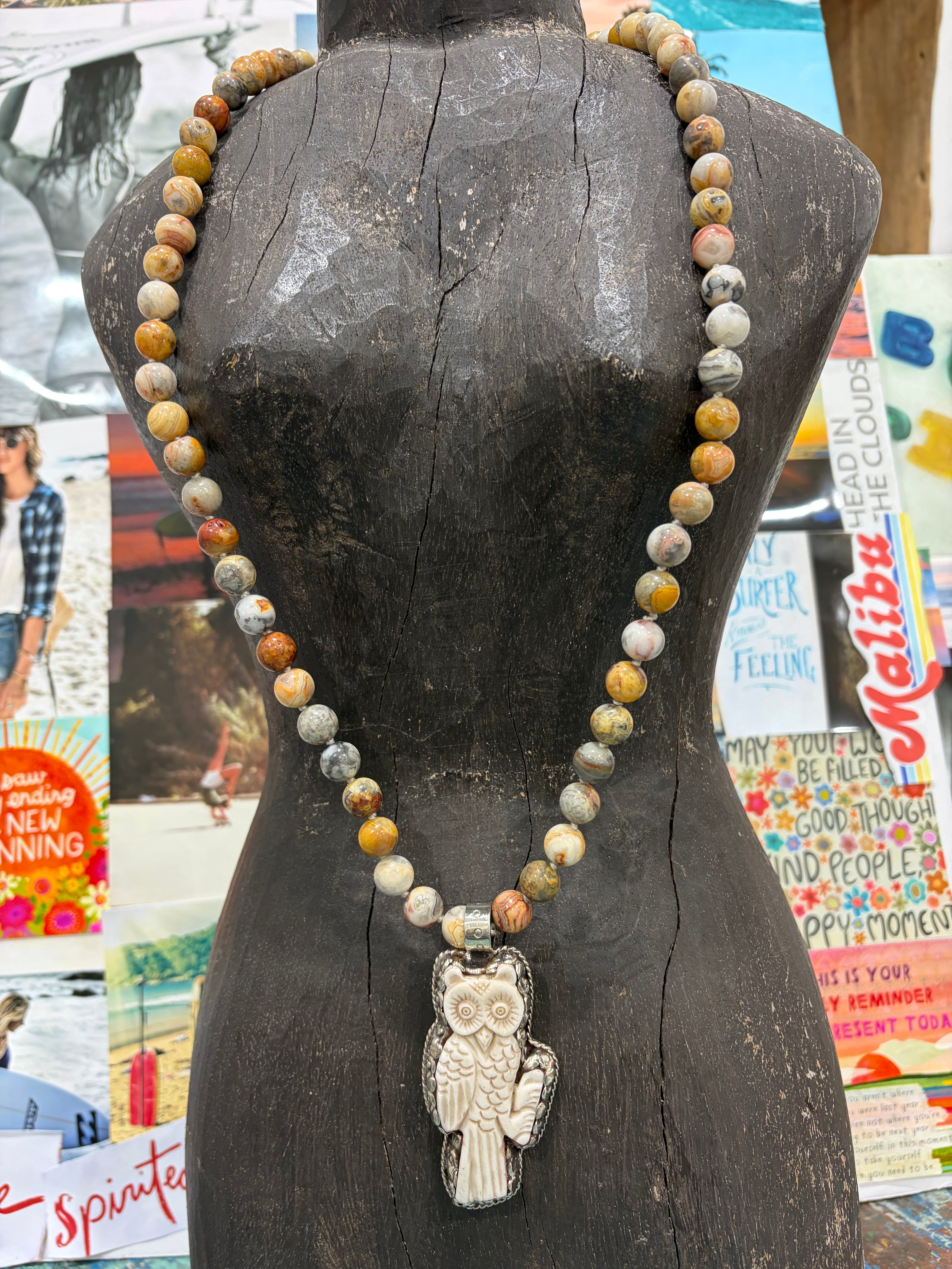 MALIBU HIPPIE Jasper Tibetan Silver Carved Tusk Owl OOAK Necklace