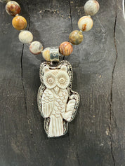 MALIBU HIPPIE Jasper Tibetan Silver Carved Tusk Owl OOAK Necklace