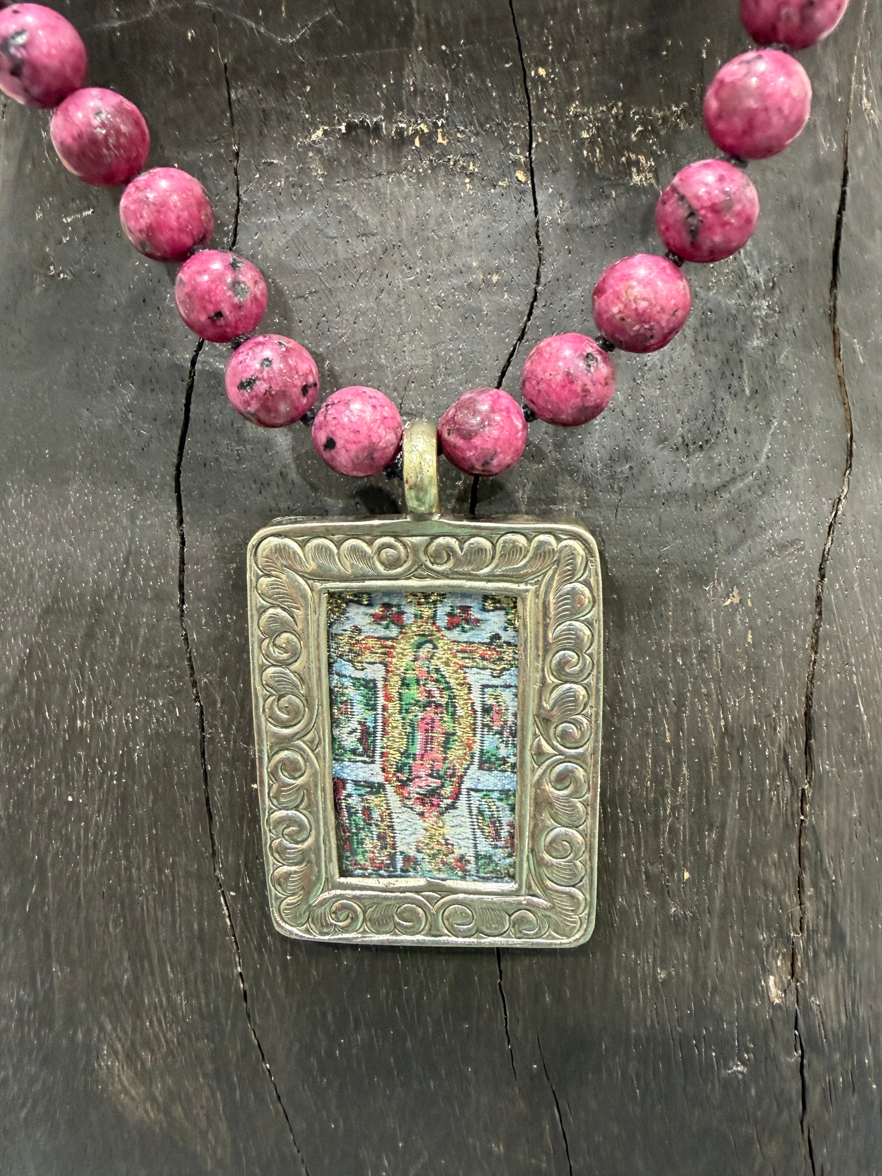 MALIBU HIPPIE Sea Sediment Virgin Mary Tapestry Tibetan Silver OOAK Necklace