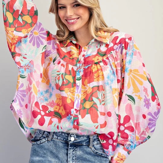 EESOME Floral Print Ruffle Sleeve Blouse - CHERRY FOAM on Simply Obsessed