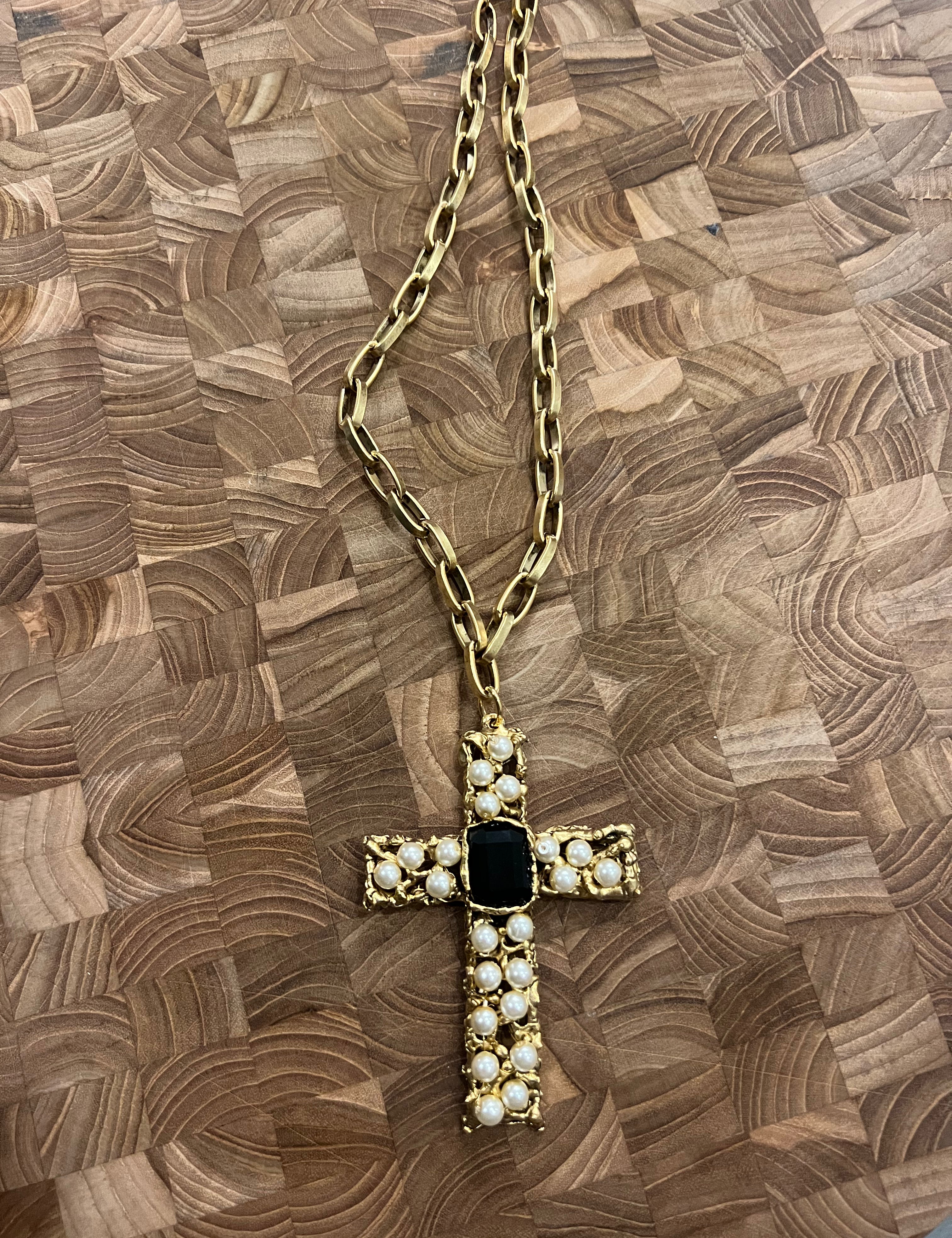 YOCHI Gold Pearl & Black Stone Cross *Vegas Live* on Simply Obsessed