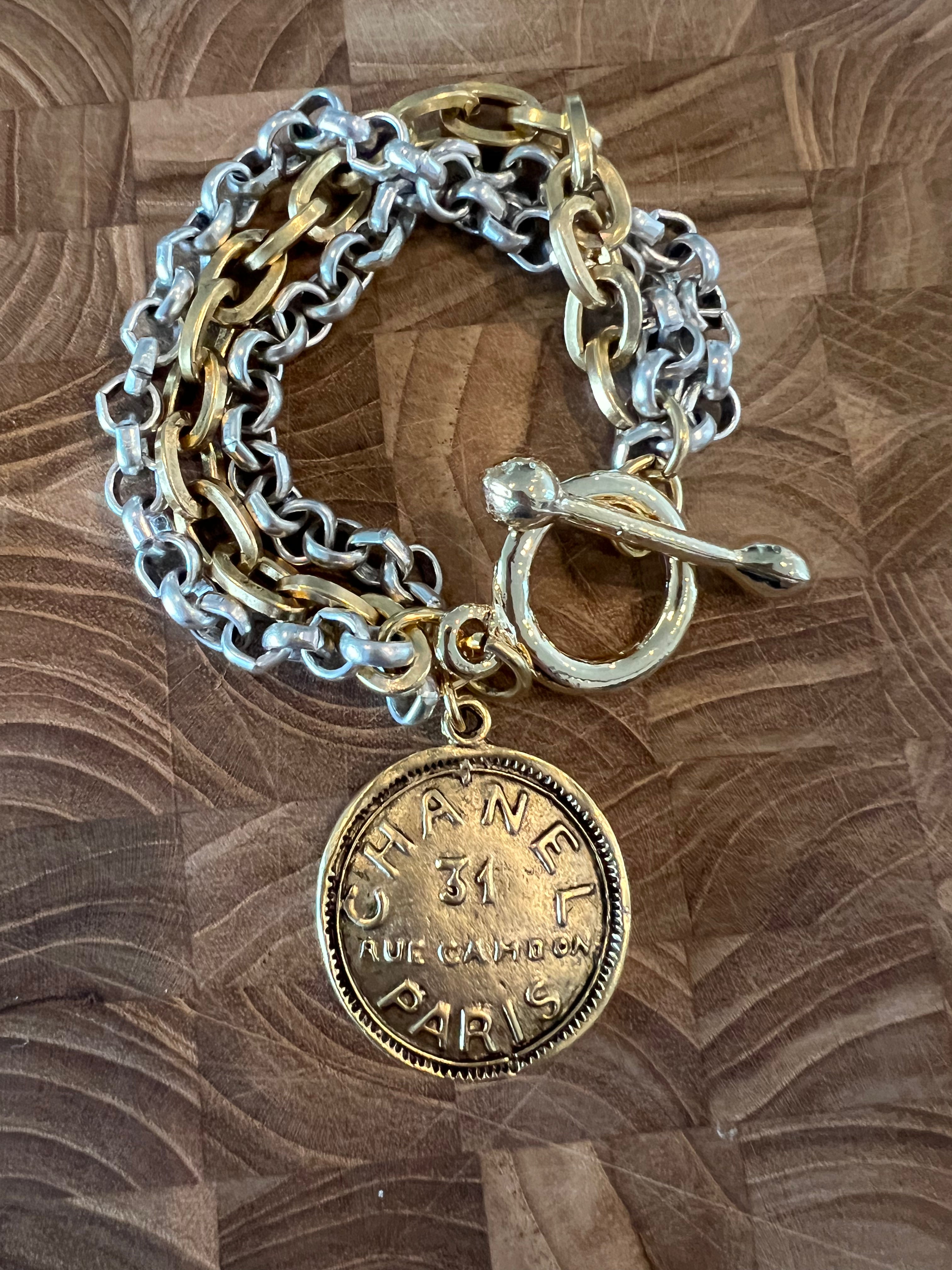 YOCHI Gold Vintage Designer Inspired Coin Bracelet w/ Two Tone Chain *Vegas Live*