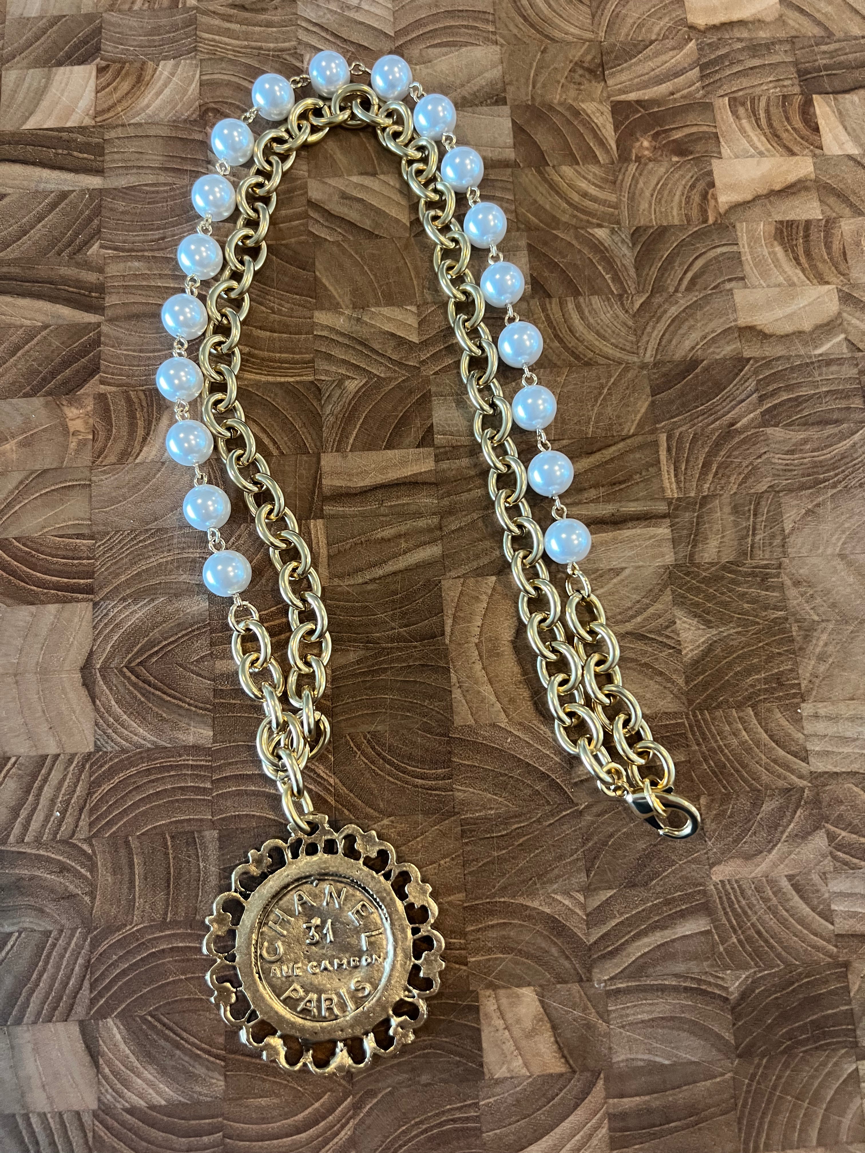 YOCHI Gold Reversible Designer Coin Pearl & Gold Chain Necklace *Vegas Live*