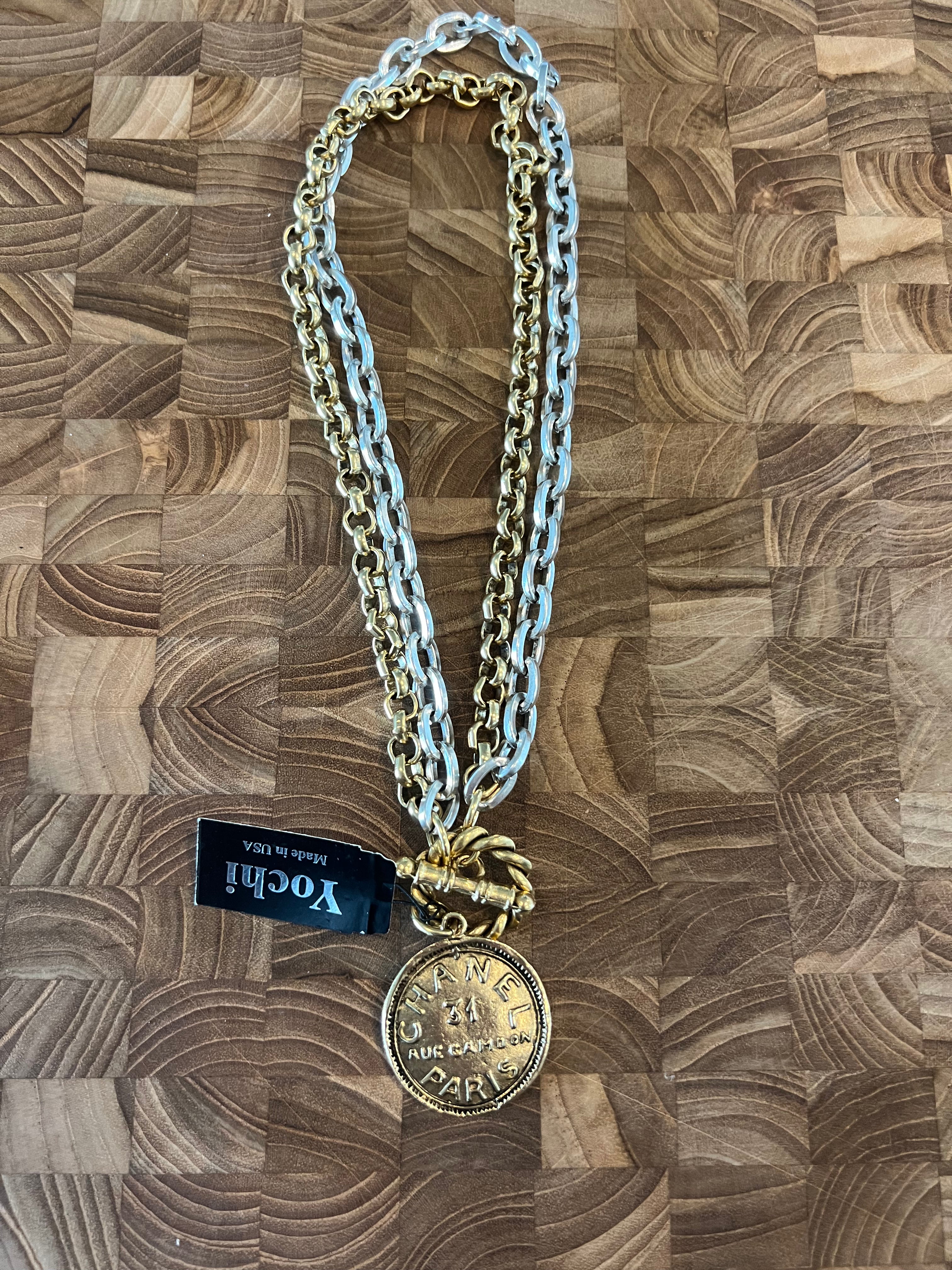 YOCHI Gold Designer Coin Two Tone Chain Necklace *Vegas Live*