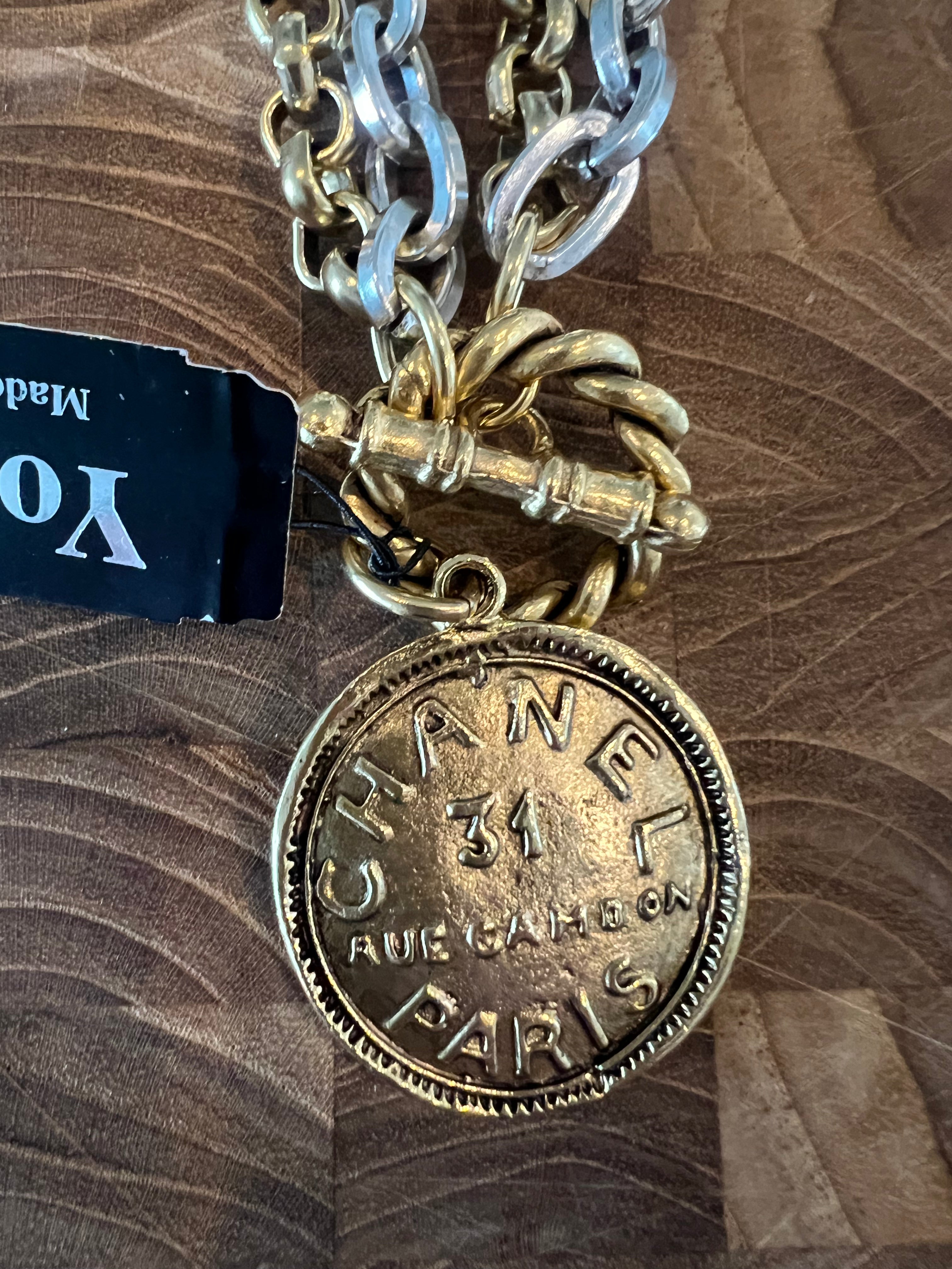 YOCHI Gold Designer Coin Two Tone Chain Necklace *Vegas Live*