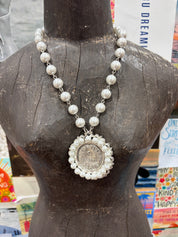 YOCHI Silver Reversible Designer Pearl Coin & Pearl Necklace