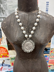YOCHI Silver Reversible Designer Pearl Coin & Pearl Necklace