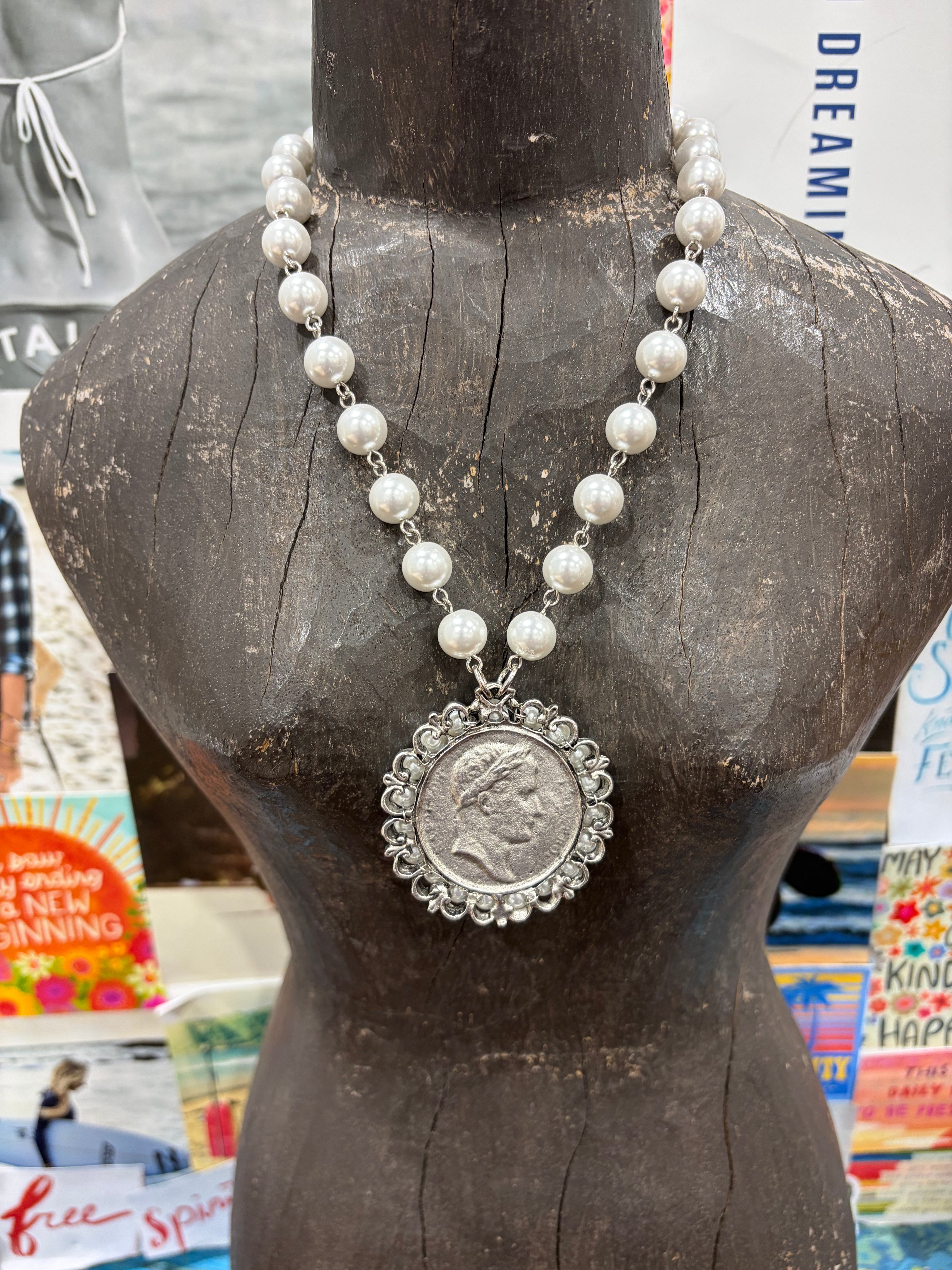 YOCHI Silver Reversible Designer Pearl Coin & Pearl Necklace