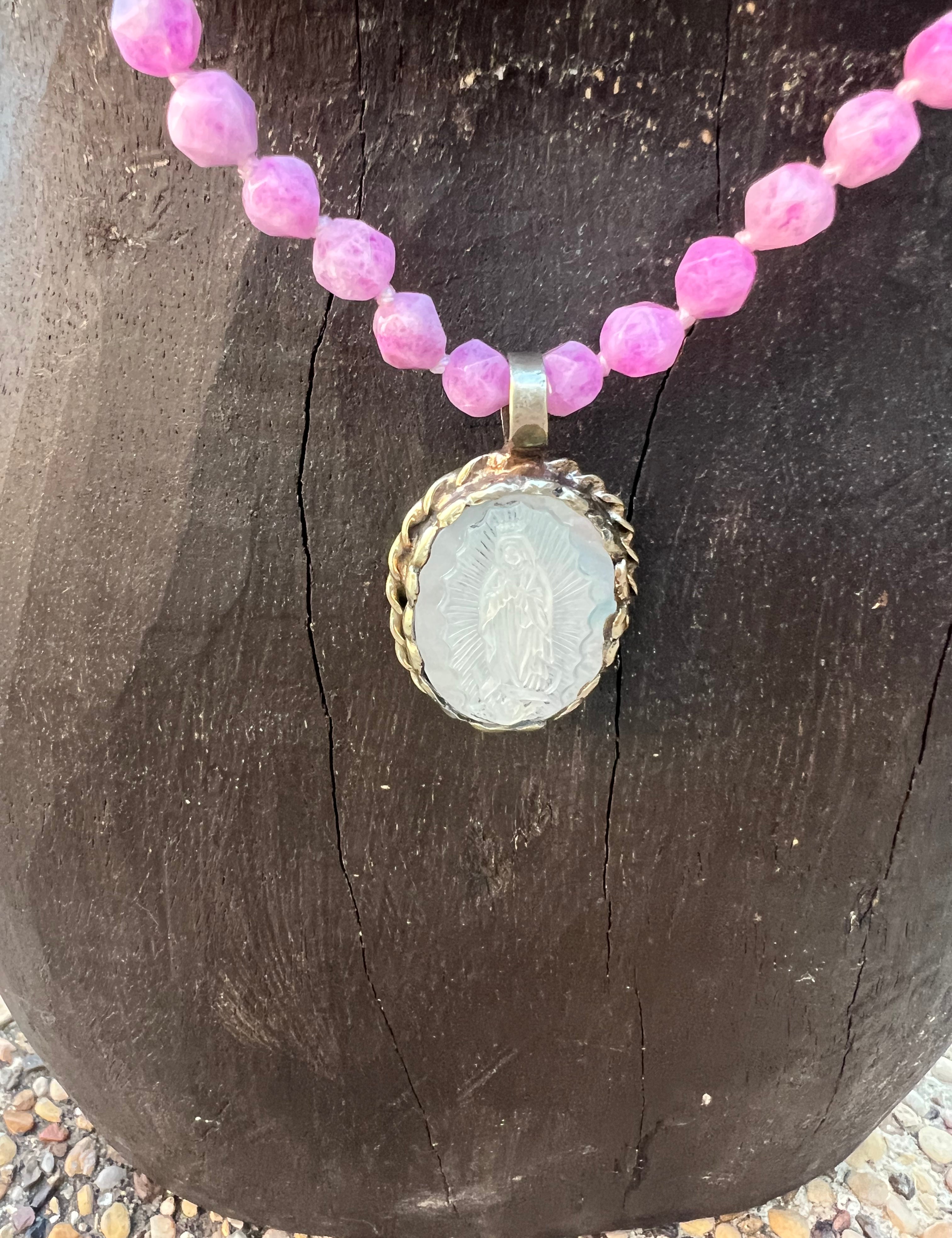 MALIBU HIPPIE Colbalt Calcite Mother of Pearl Virgin Mary Tibetan Silver OOAK Necklace on Simply Obsessed