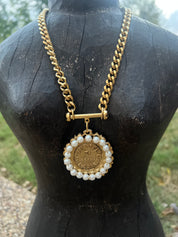 YOCHI Gold Reversible Designer Bar Coin Pearl & Gold Chain Necklace on Simply Obsessed