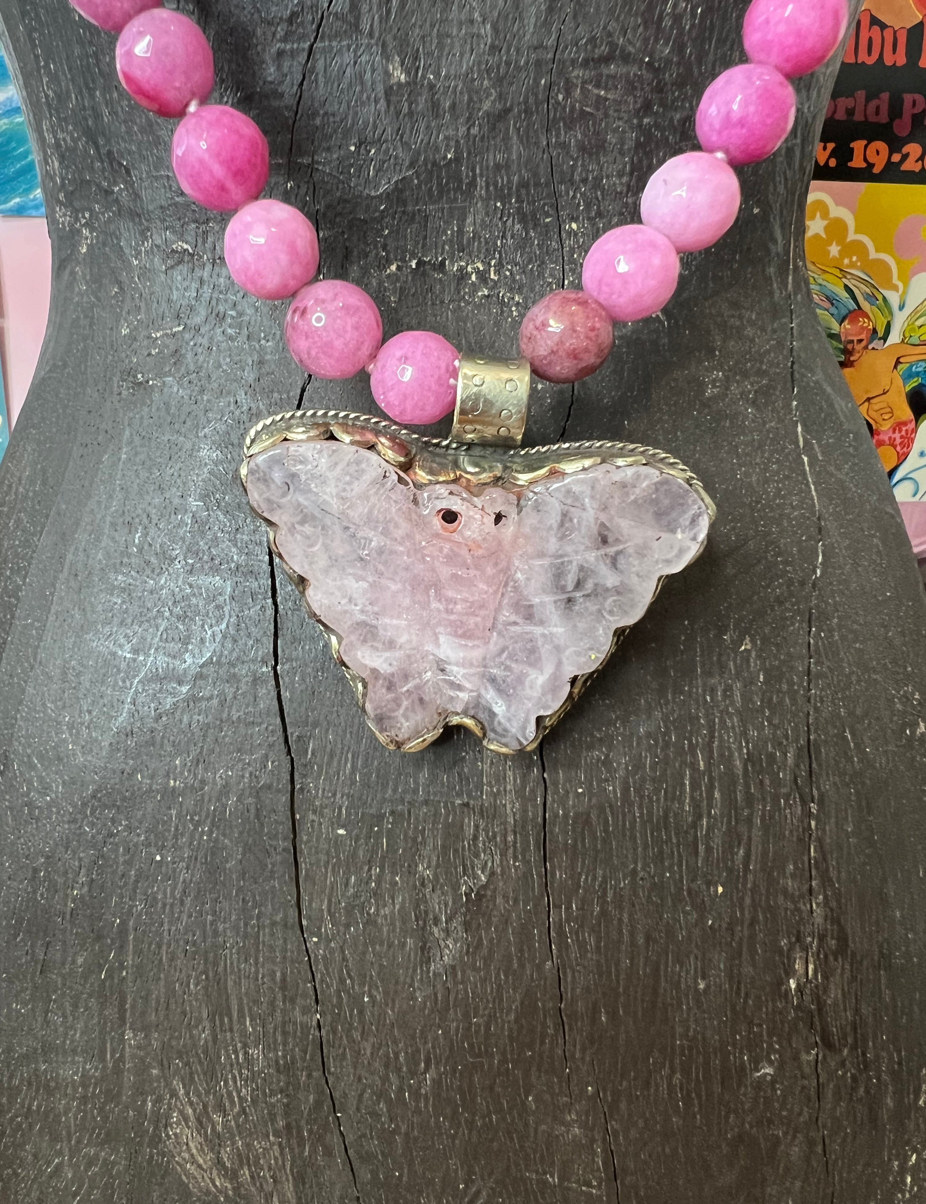 MALIBU HIPPIE Dyed Jade Tibetan Silver Rose Quartz Butterfly OOAK Necklace on Simply Obsessed