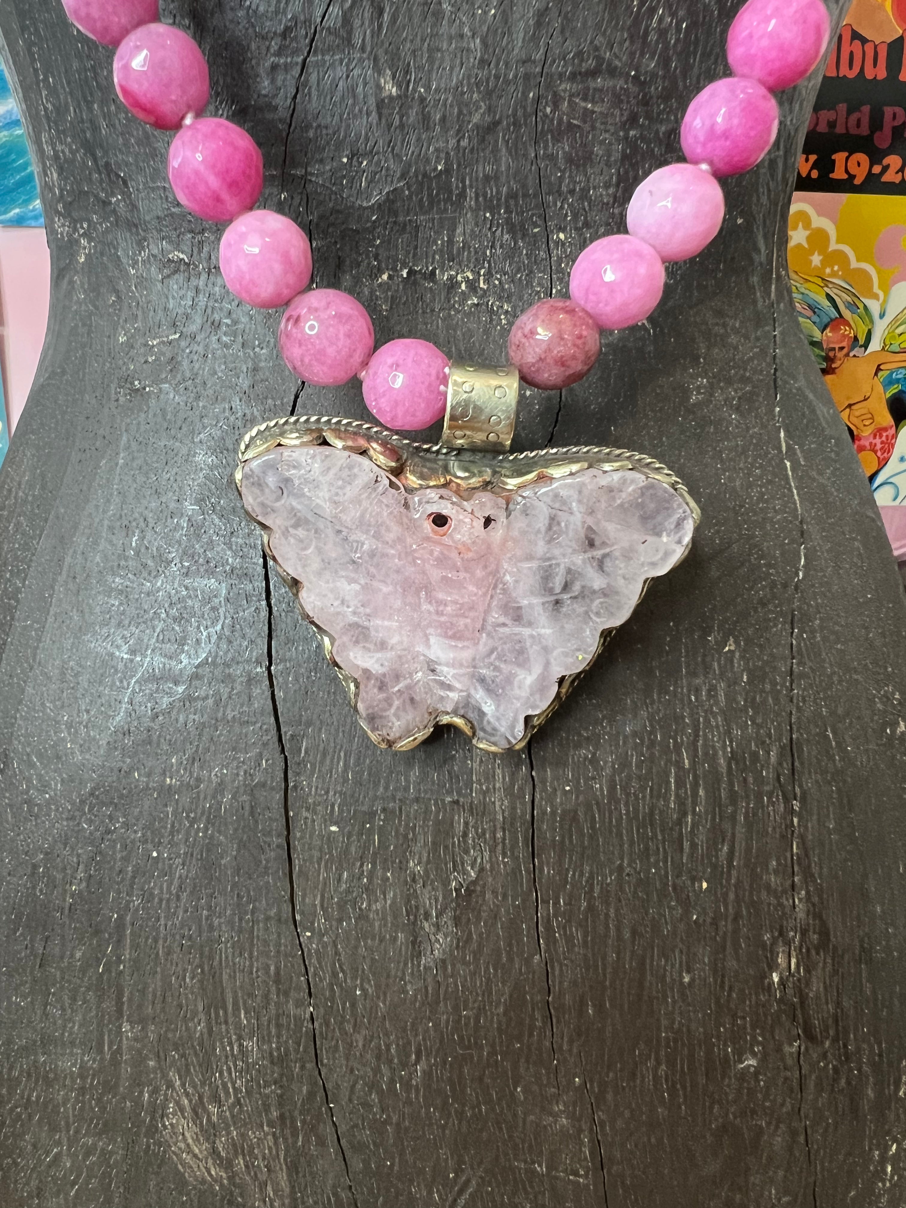 MALIBU HIPPIE Dyed Jade Tibetan Silver Rose Quartz Butterfly OOAK Necklace on Simply Obsessed