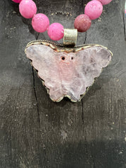 MALIBU HIPPIE Dyed Jade Tibetan Silver Rose Quartz Butterfly OOAK Necklace