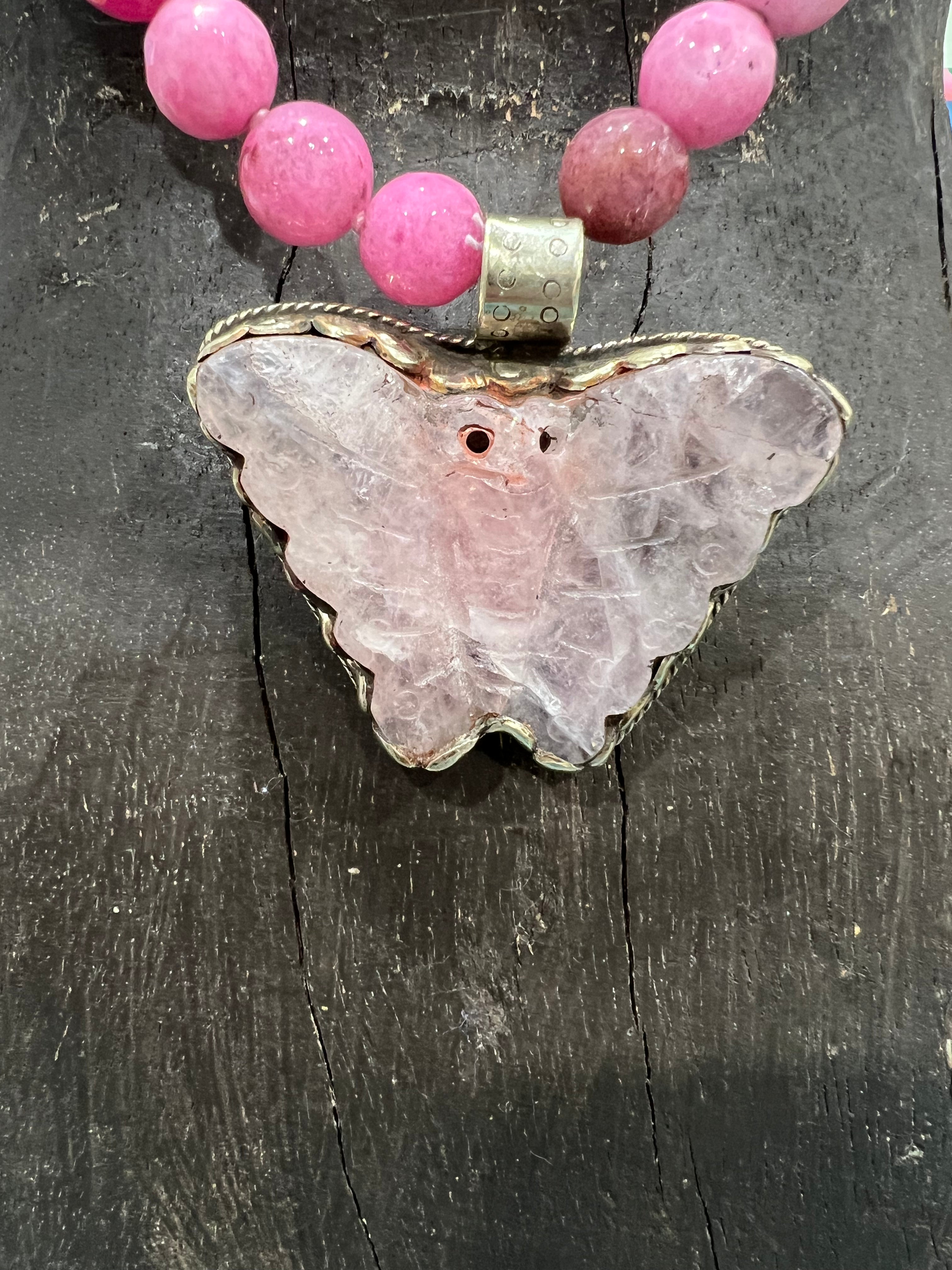 MALIBU HIPPIE Dyed Jade Tibetan Silver Rose Quartz Butterfly OOAK Necklace