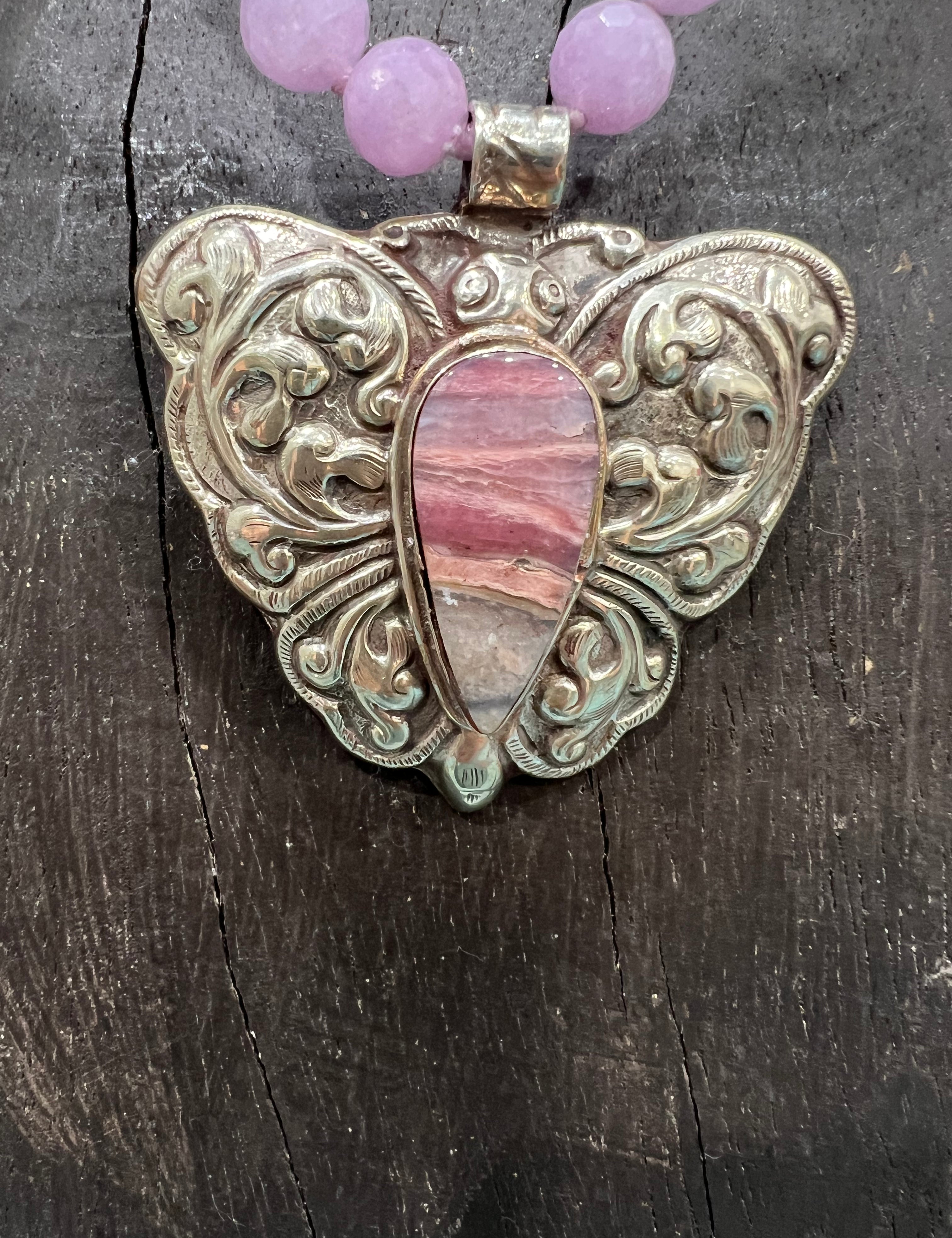 MALIBU HIPPIE Kunzite Tibetan Silver Botswana Agate Butterfly OOAK Necklace on Simply Obsessed