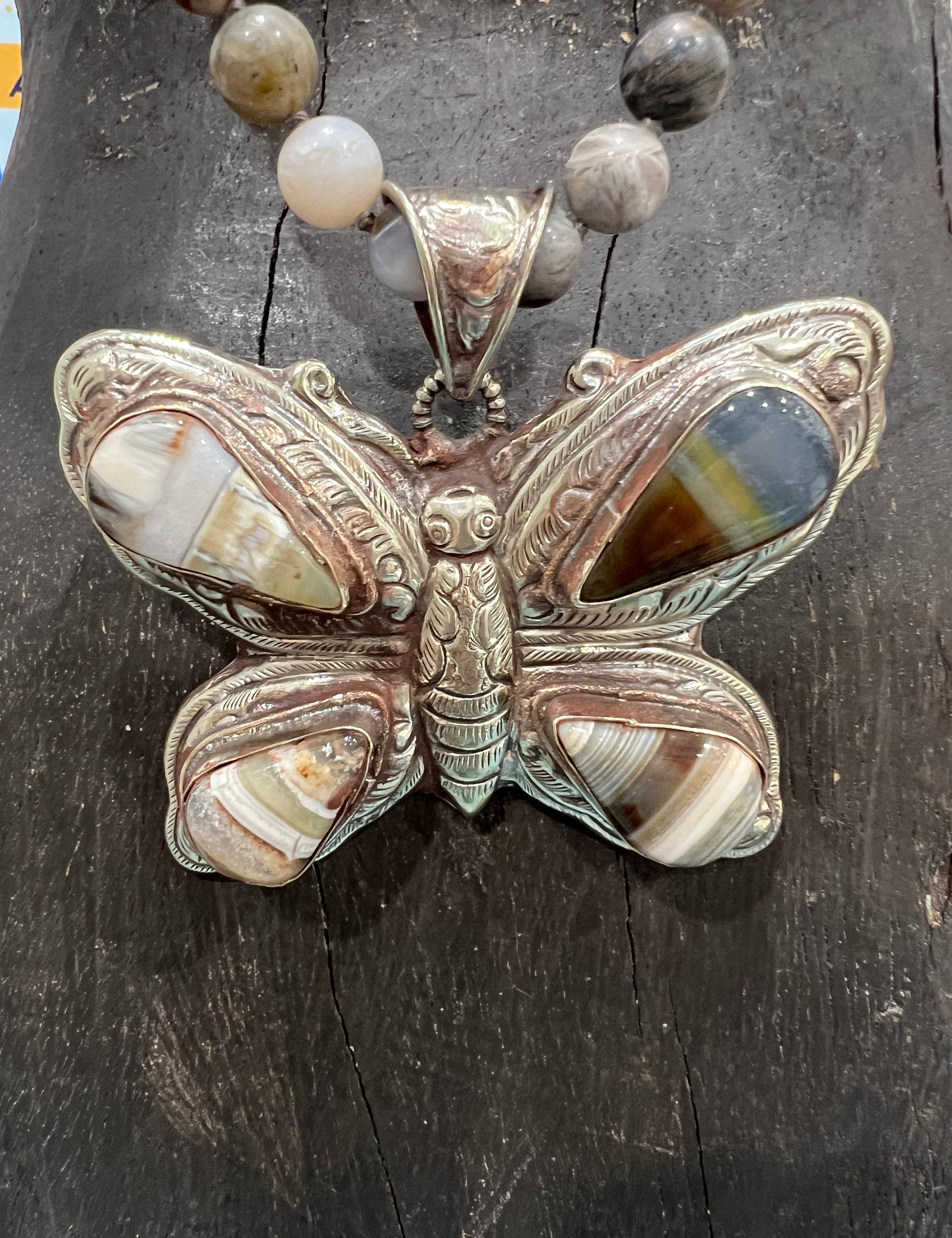 MALIBU HIPPIE Jasper Tibetan Silver Botswana Agate Butterfly OOAK Necklace on Simply Obsessed