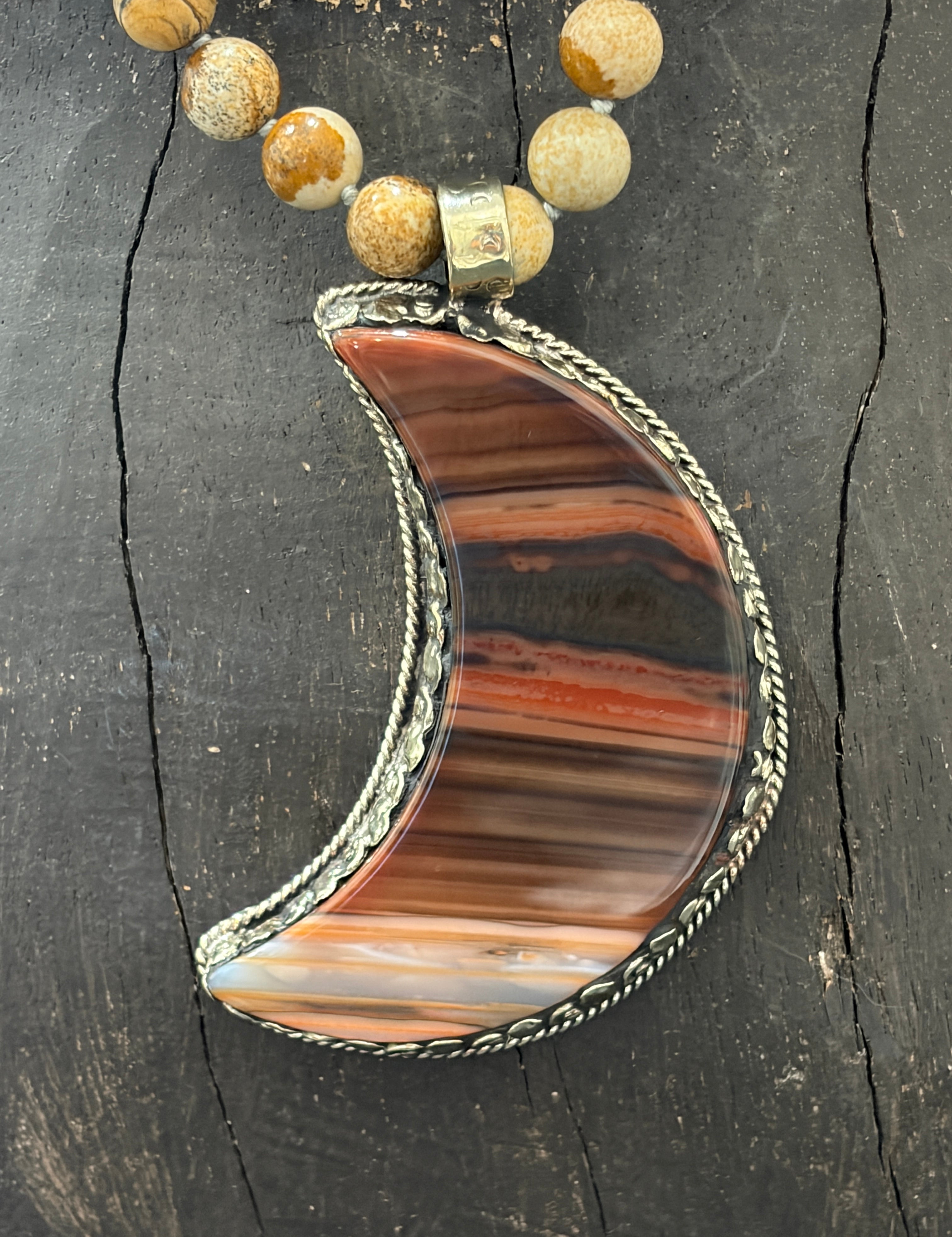 MALIBU HIPPIE Picture Jasper Tibetan Silver Mookaite Jasper Crescent Moon OOAK Necklace on Simply Obsessed