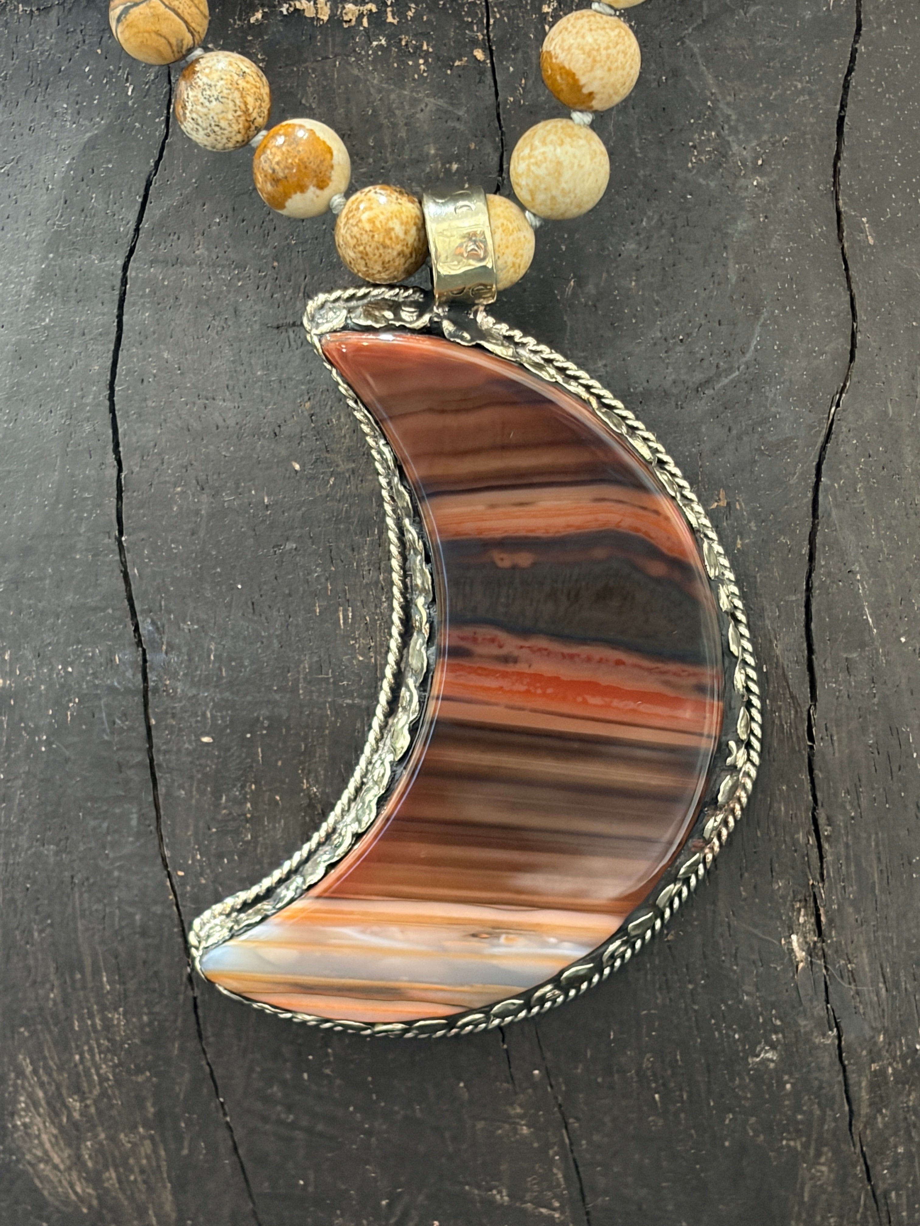 MALIBU HIPPIE Picture Jasper Tibetan Silver Mookaite Jasper Crescent Moon OOAK Necklace on Simply Obsessed